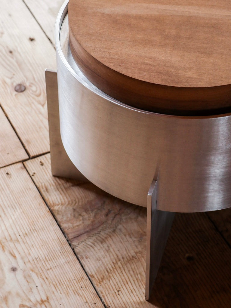 Lunar Side Table — side angle showing round wooden top and metal base