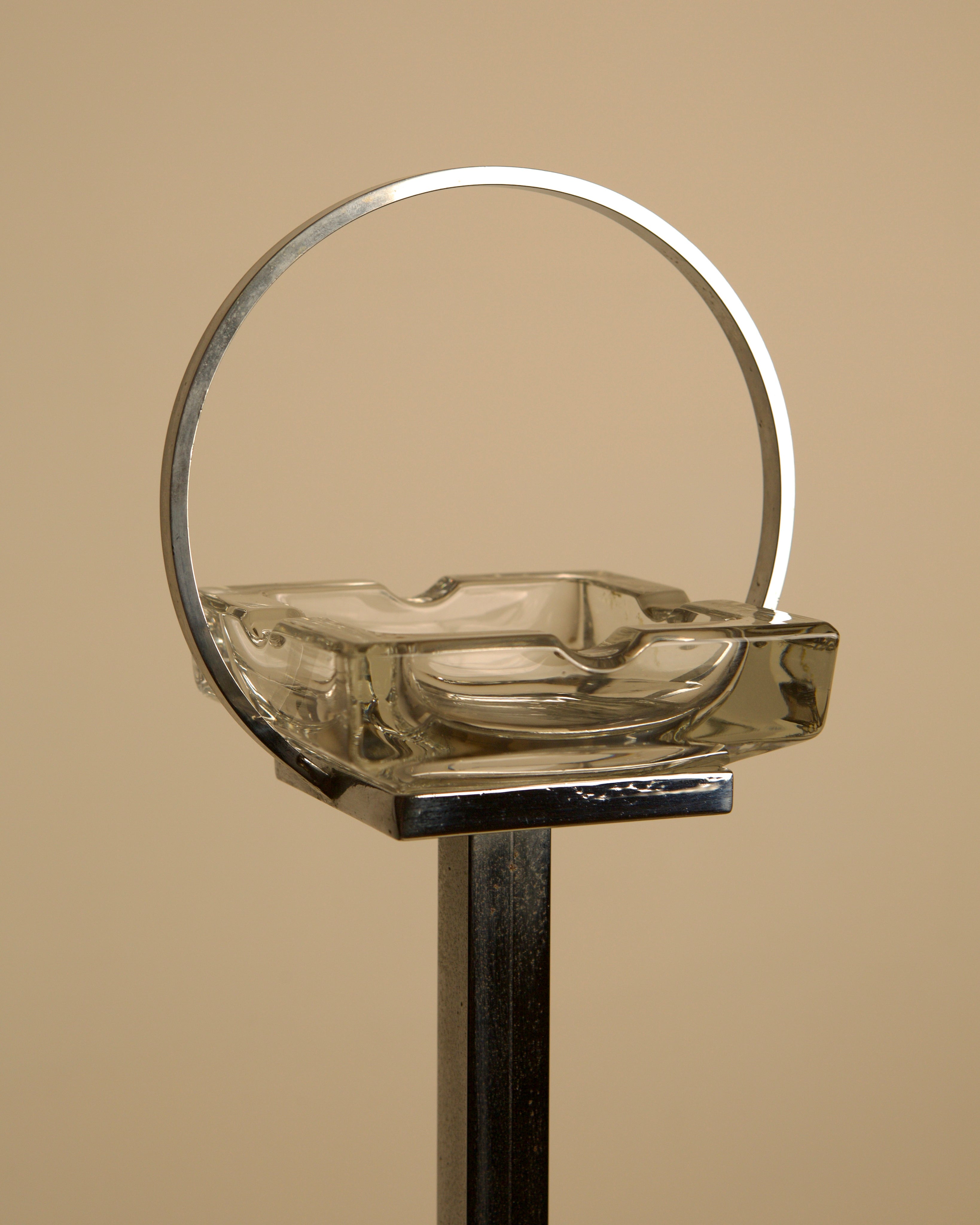 Italian Crystal Ashtray on a Chromed Metal Stand, 1950s — top view highlighting clear glass and chrome details