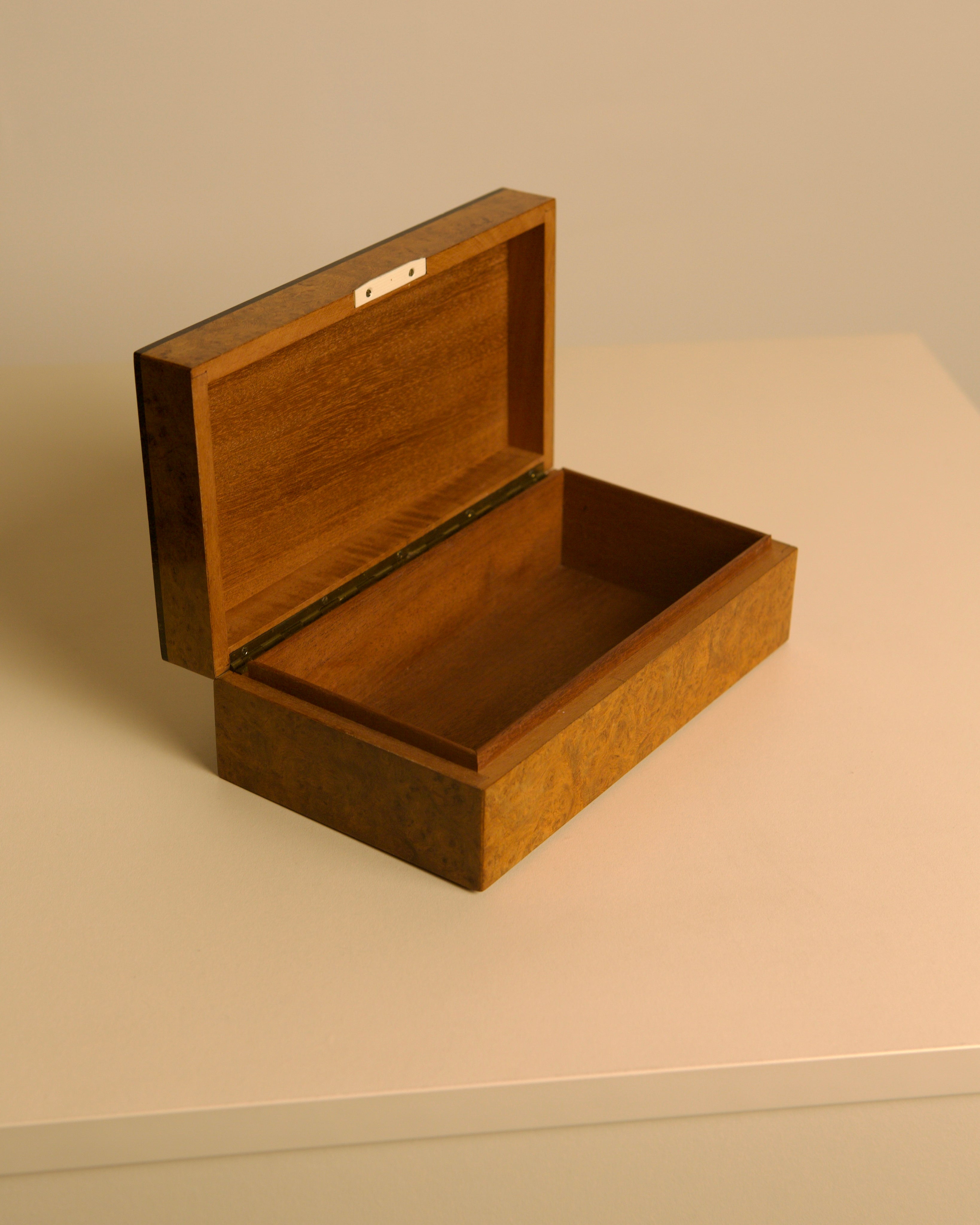 Italian Box in Light Brown Elm Wood, 1960s — open view on neutral surface