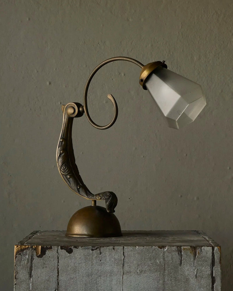 Sculptural Table Lamp in Brass and Opaline Glass Europe Early 20th Century by ORNAMENTUM | The Oblist