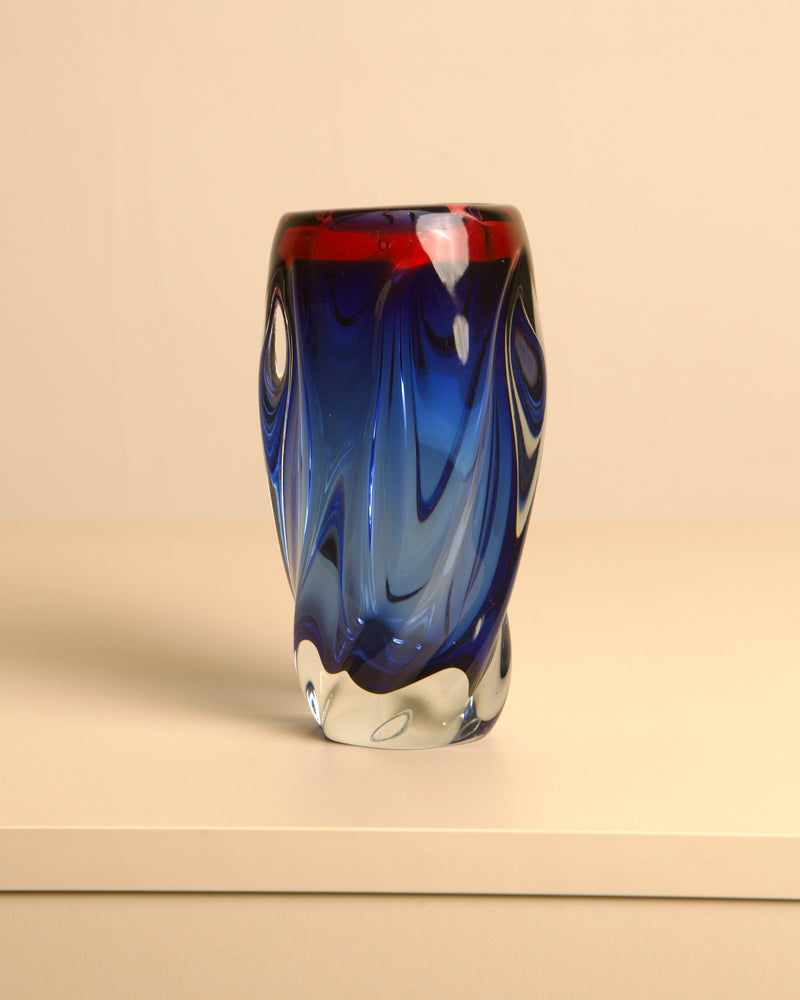 Small blue Murano glass vase with red rim from 1980s