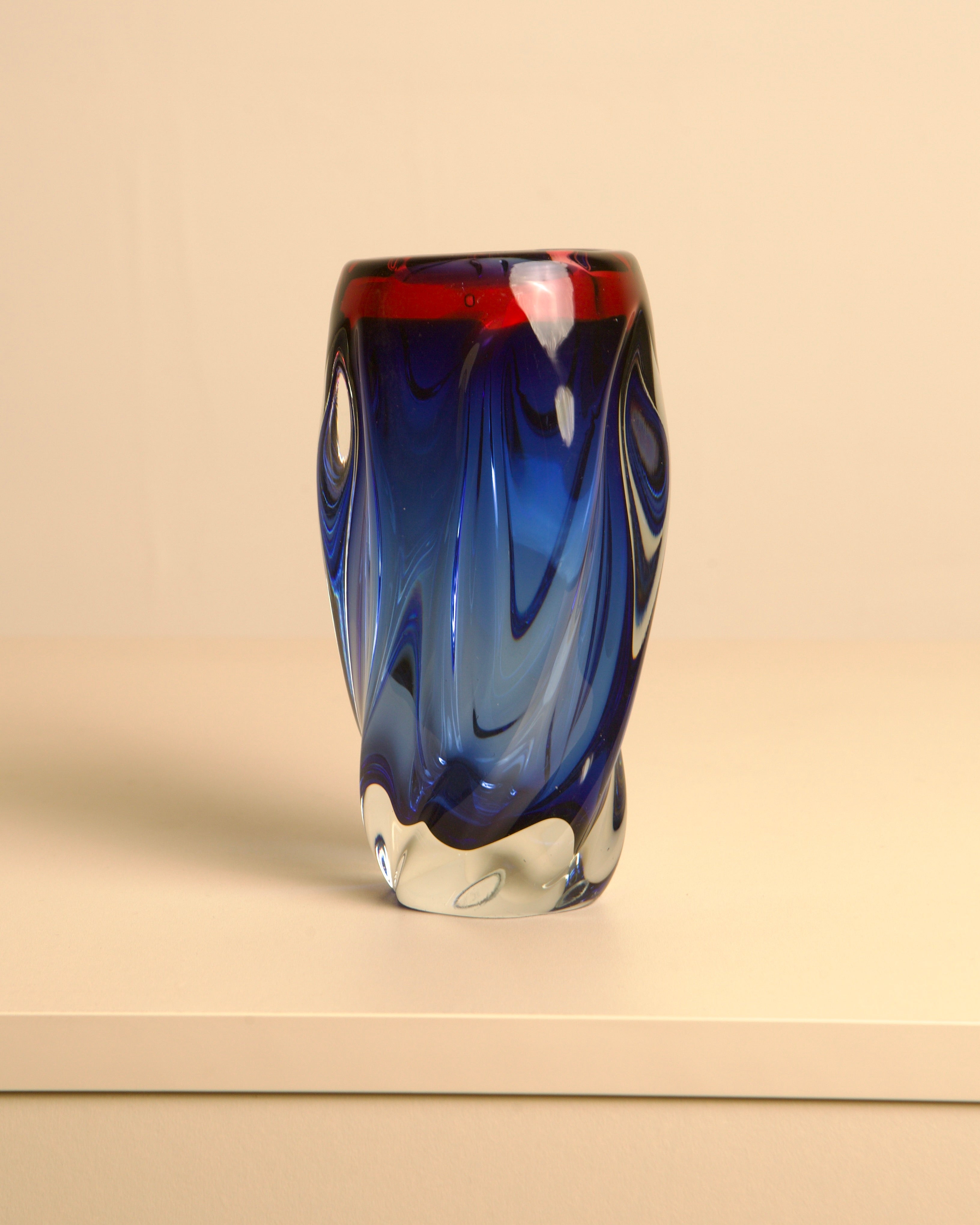 Small blue Murano glass vase with red rim from 1980s