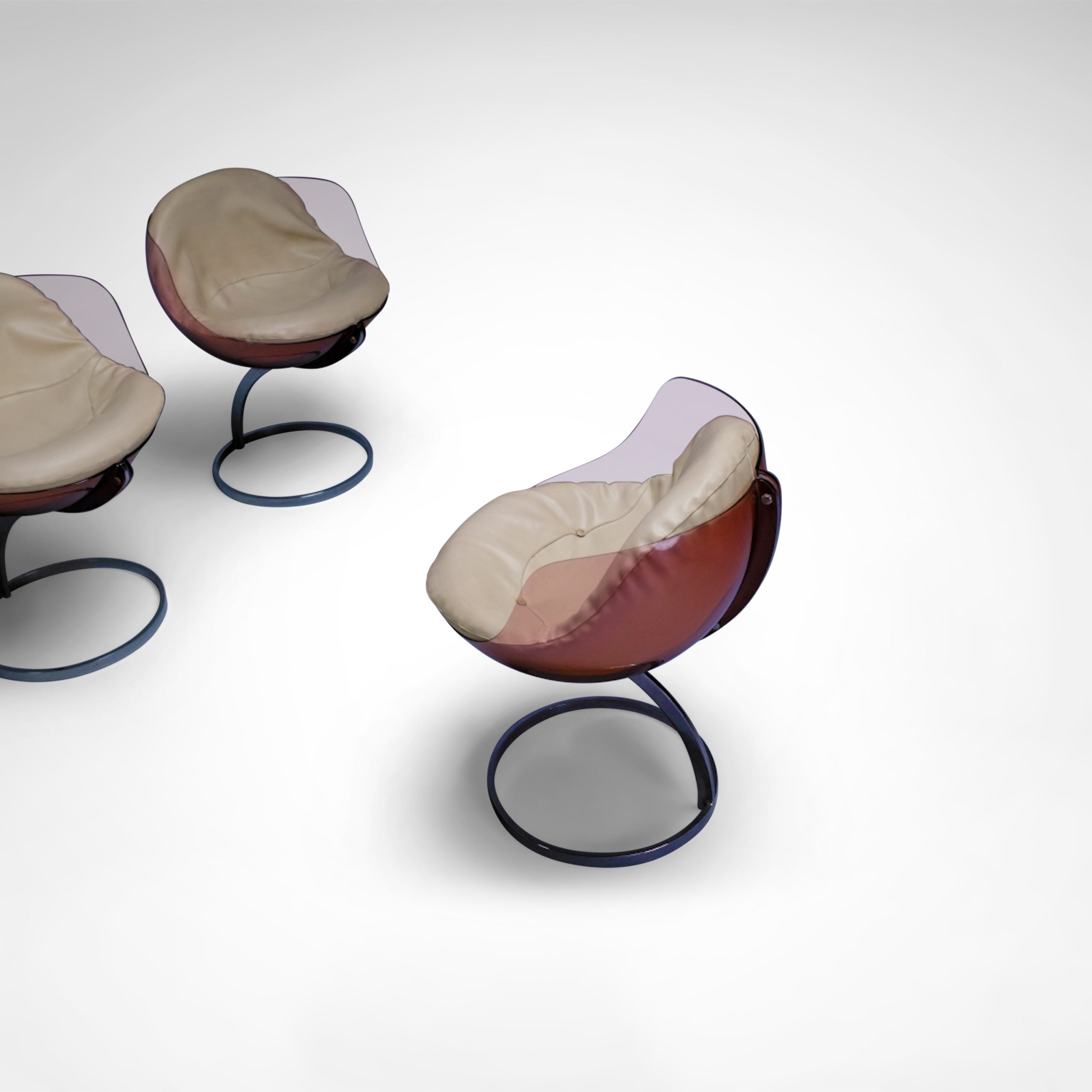 Sphere dining chairs by Boris Tabacoff for Mobilier Modulaire Moderne France 1970s — top view of cream leather seat and metal
