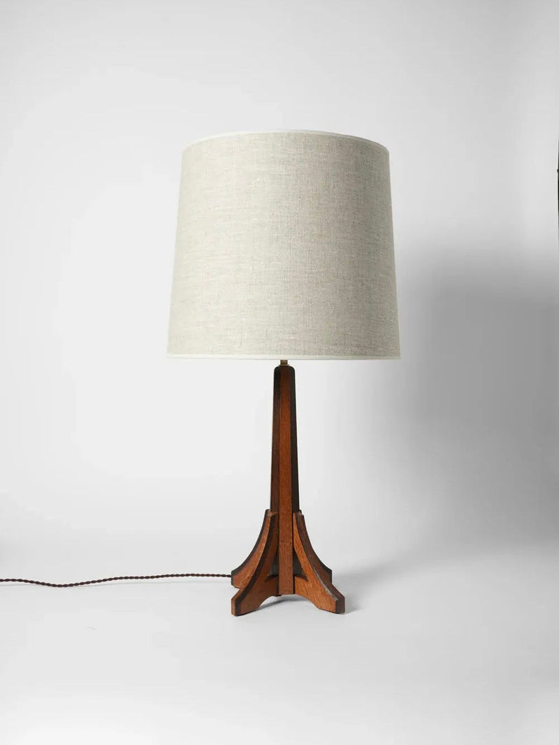 Arts & Crafts Oak Lamp, 1920s — close-up of wooden base and fabric shade