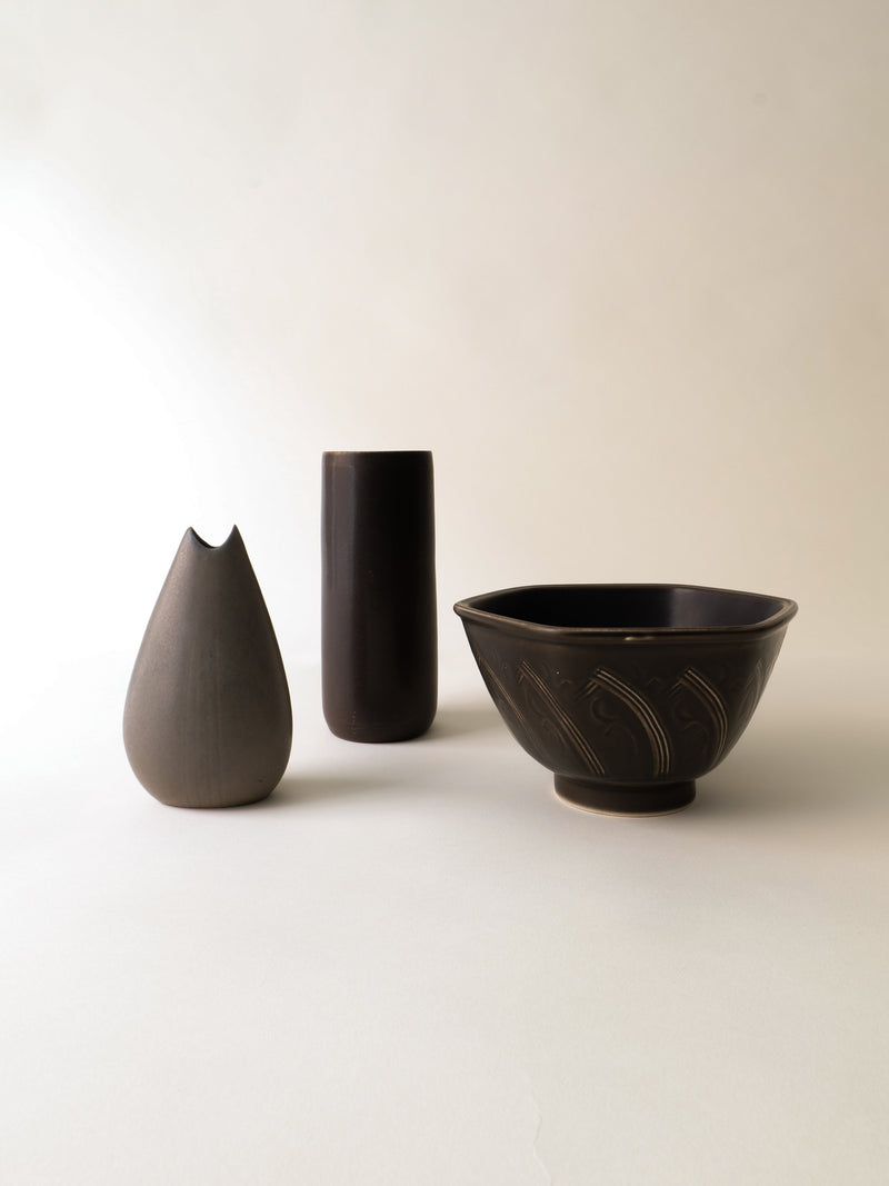 Black ceramic vase and bowl set Swedish mid-century modern design