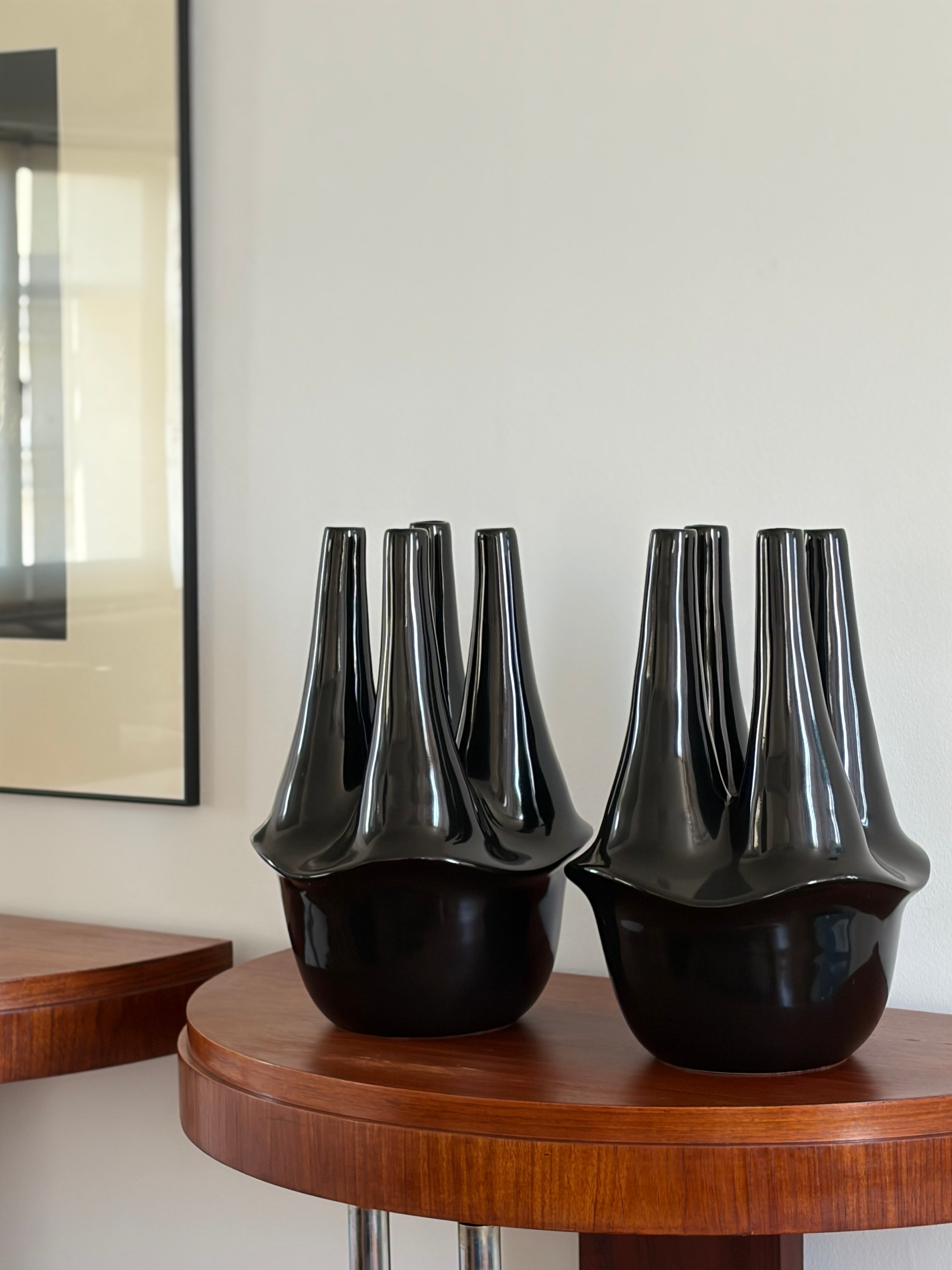 Portuguese Brutalist Black Glazed Multi-Neck Ceramic Vase, 1980s — side angle