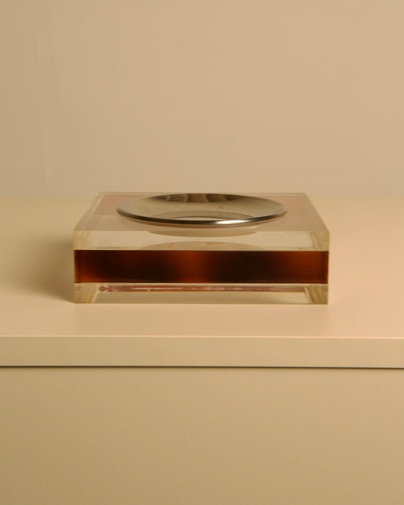 Square Italian Trinket Tray in Smoked Plexiglass, 70s — close-up showing layered brown and clear material