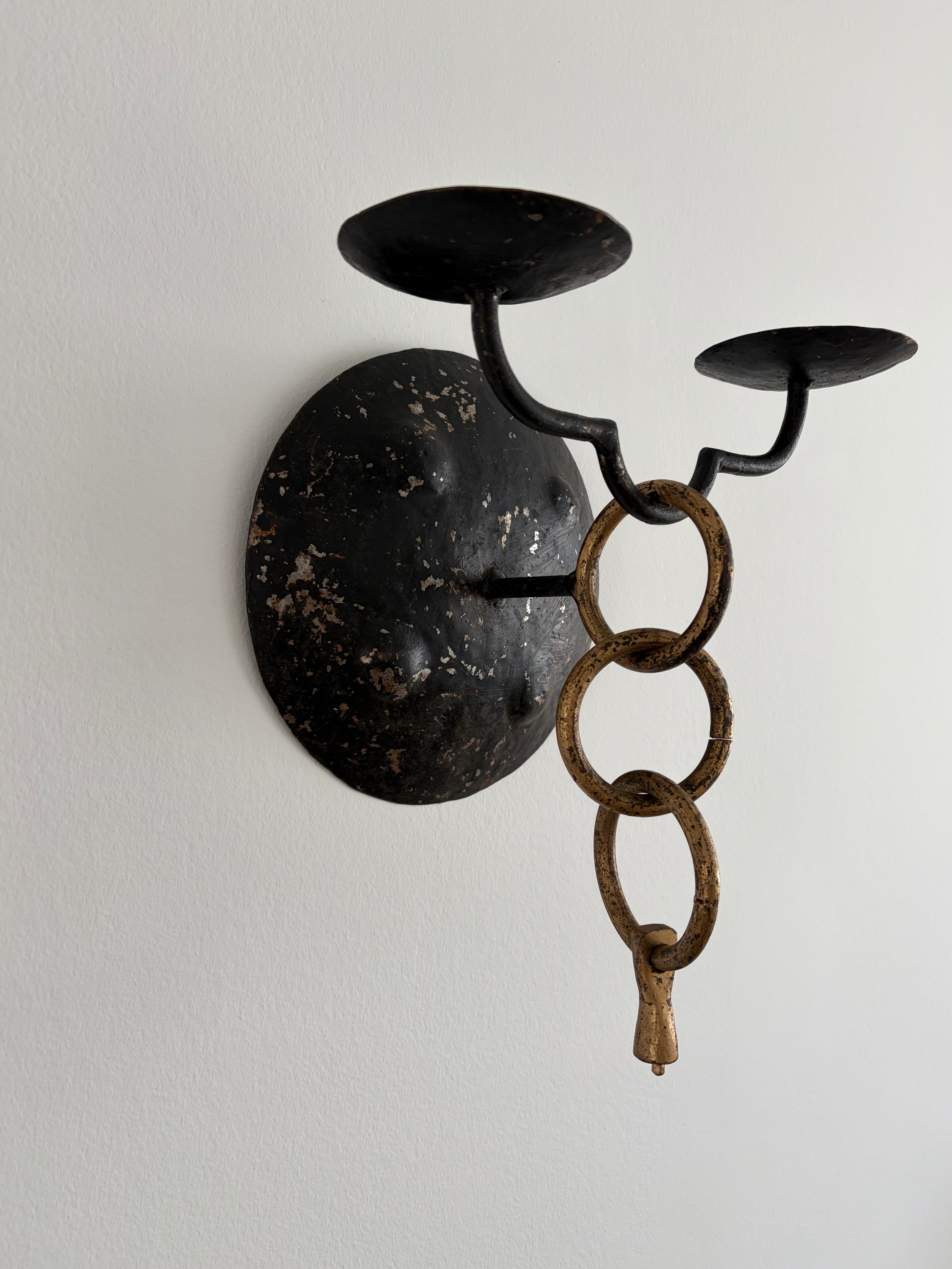 Pair of Brutalist Wall Candleholders, Iron and Brass, Iberian Peninsula, mid-20th century — in context