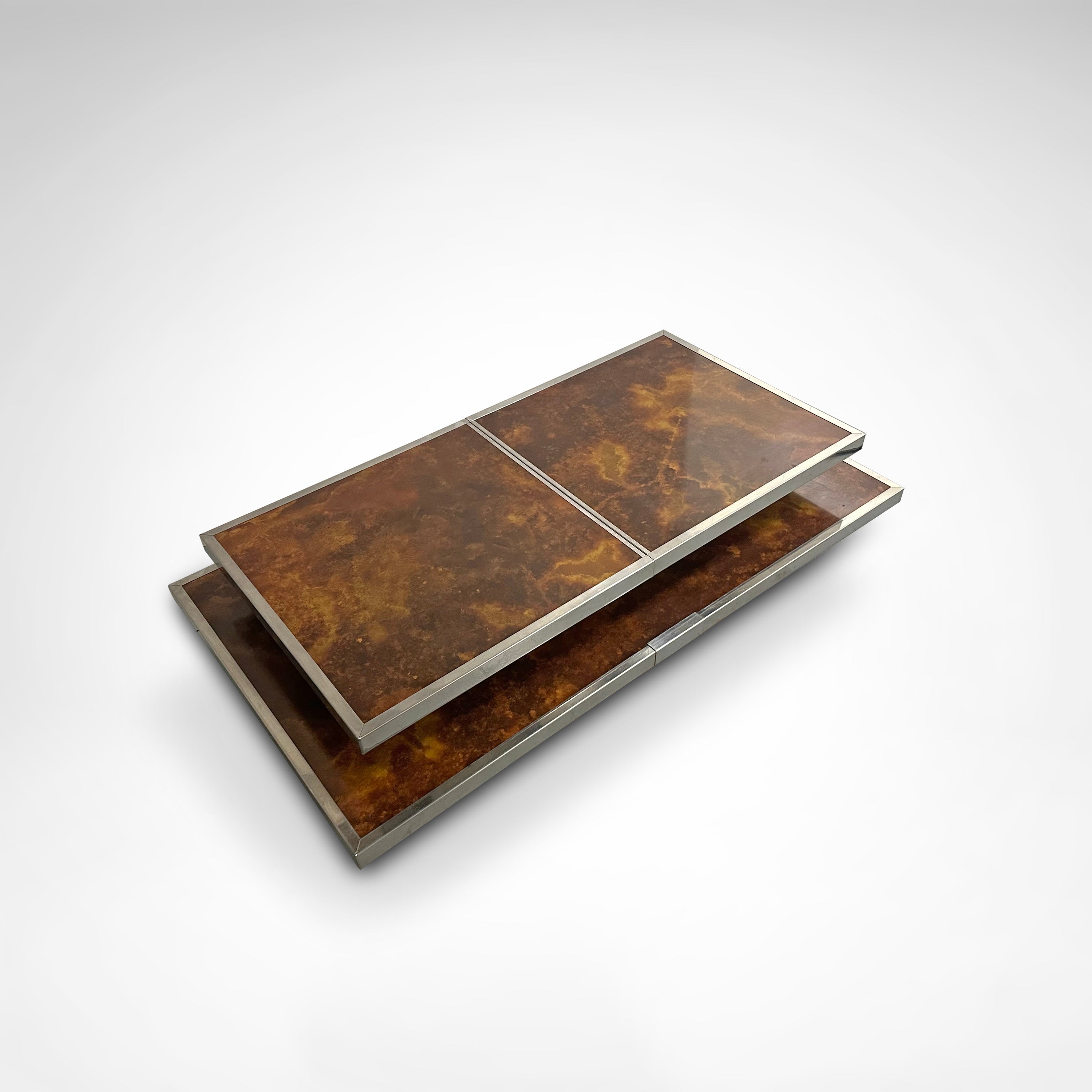 Sliding two tier burl wood and metal coffee table with integrated bar France 1980s — in context