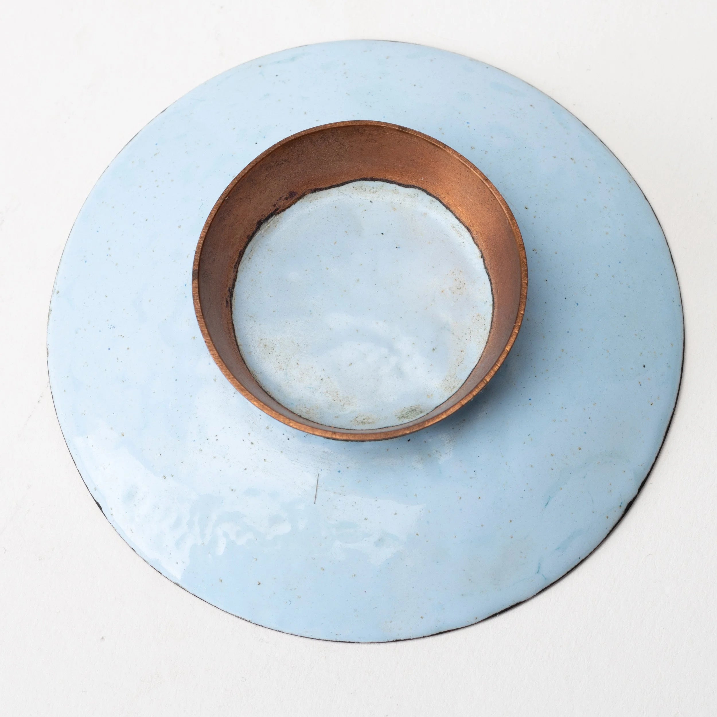Pair of Coloured Enamelled Copper Dishes — close-up