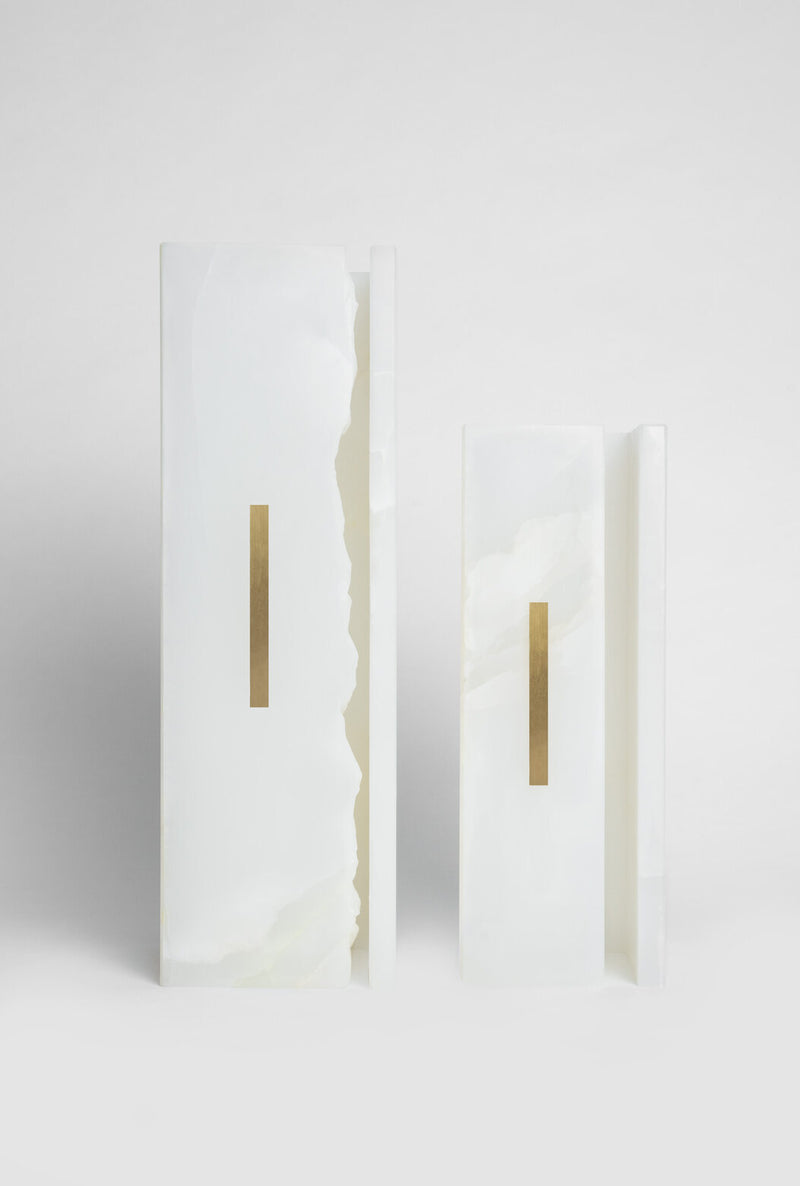 03C PURE WHITE ONIX Collectible Lighting in stone — close-up of onyx texture with brass accent