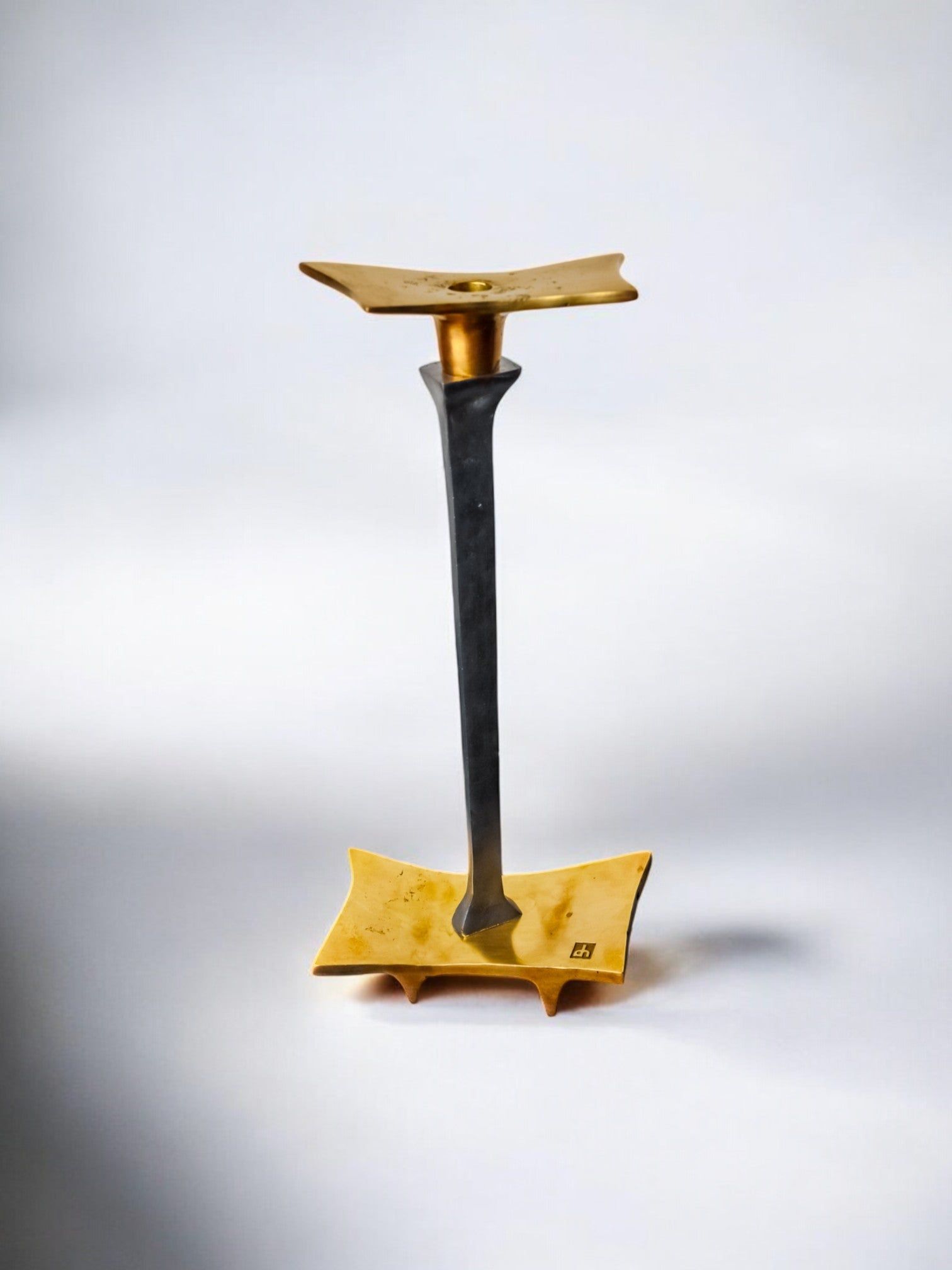 Brutalist Candleholder by David Marshall, 1970s — side angle showing brass and black metal design