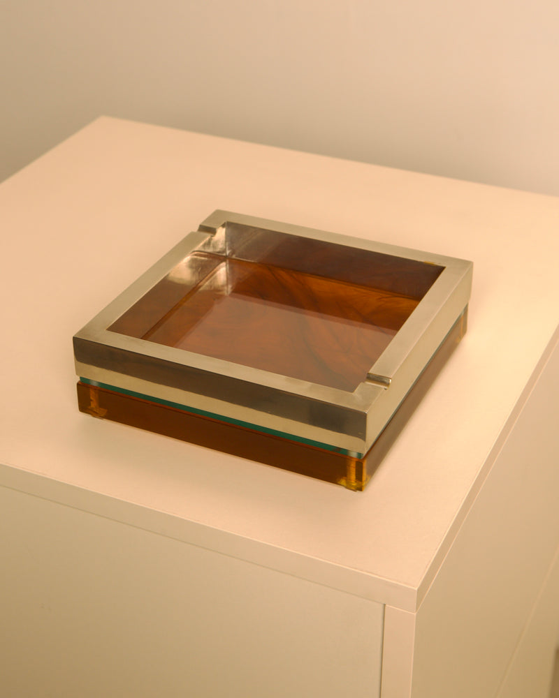 Large 70s Italian square ashtray in metal, glass and light smoked Plexiglas by Treaptyque | The Oblist
