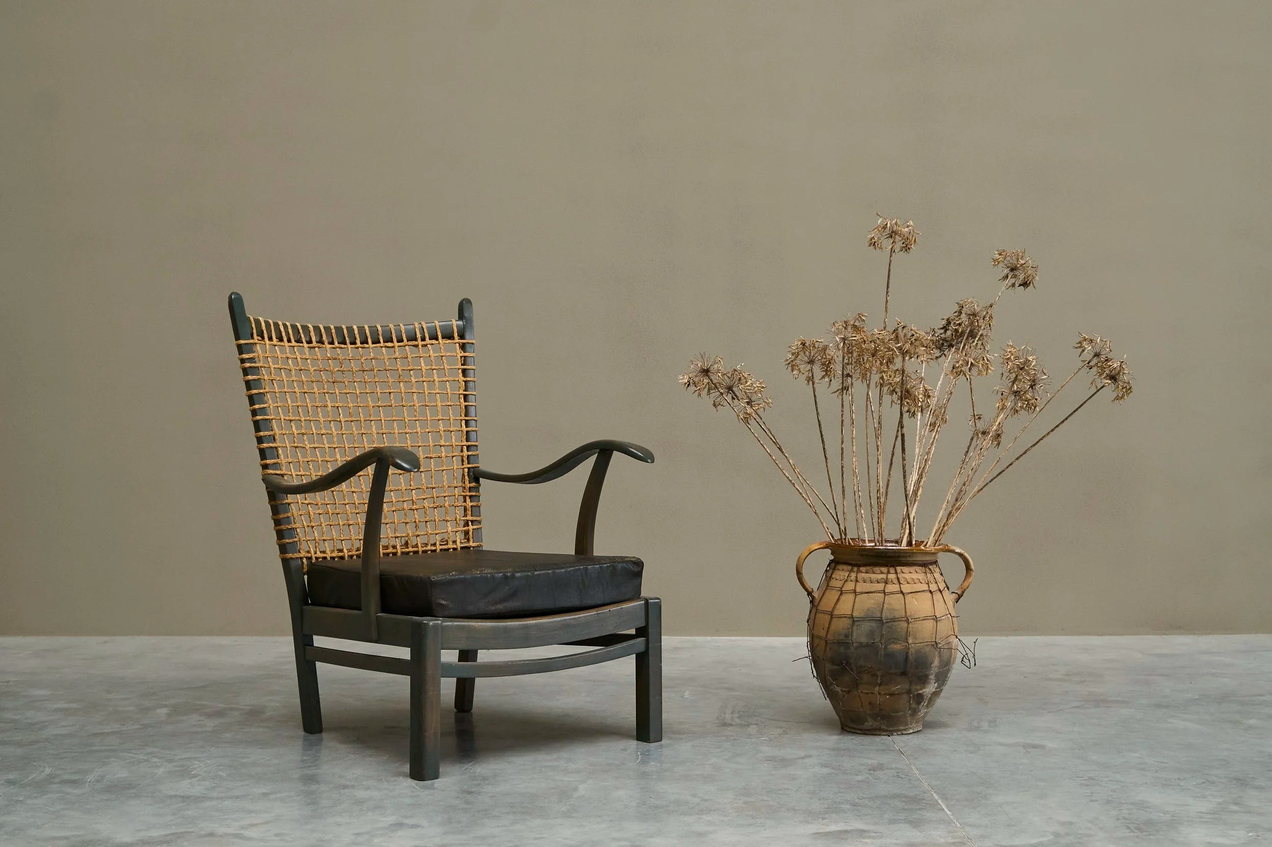 Bas van Pelt Lounge Chair in Solid Wood and Rope, The Netherlands, 1940s — side angle