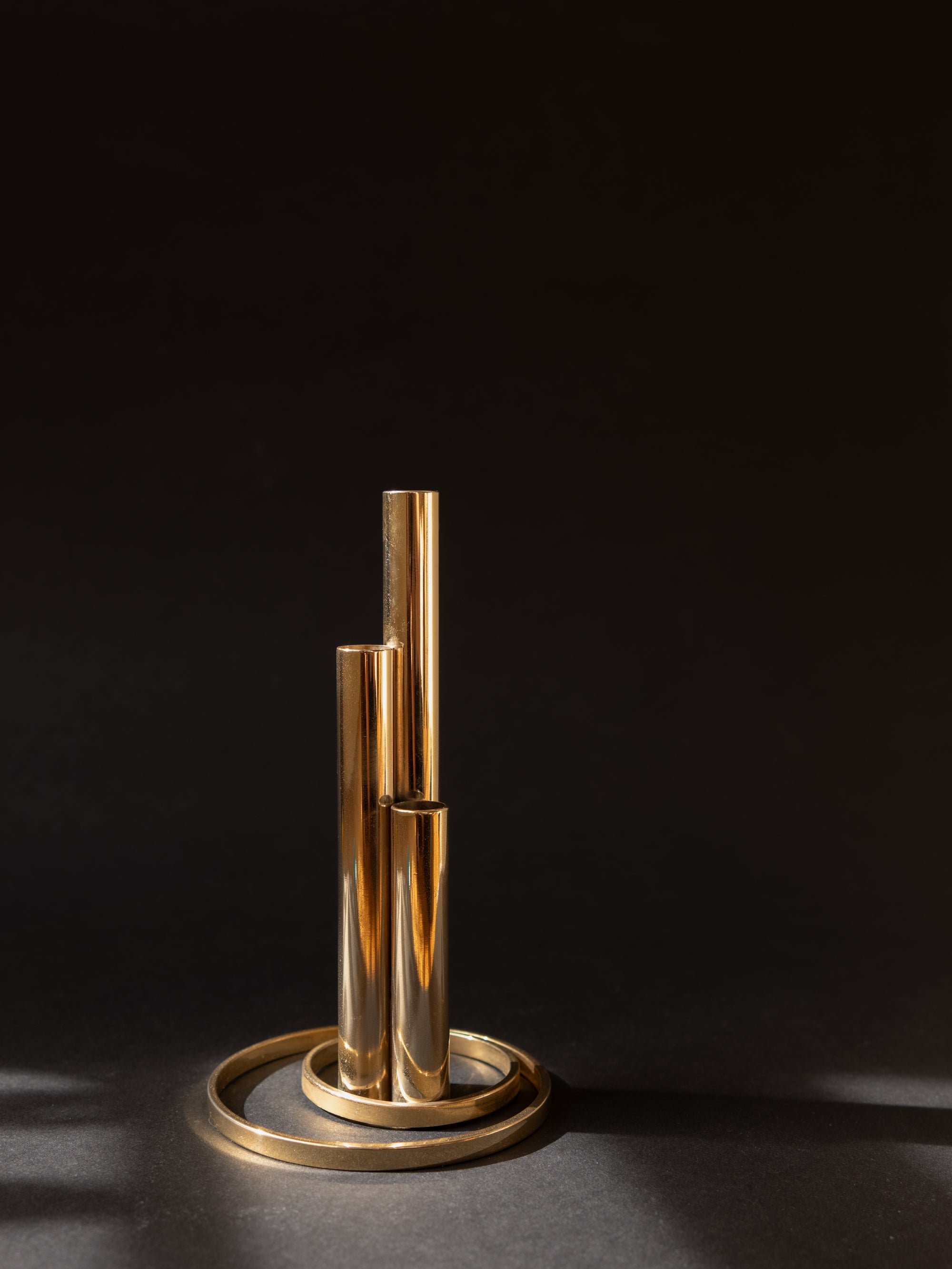 Italian 24kt Gold-Plated Soliflore Vase — Modernist Triple Tube Design, c. 1970s — side angle
