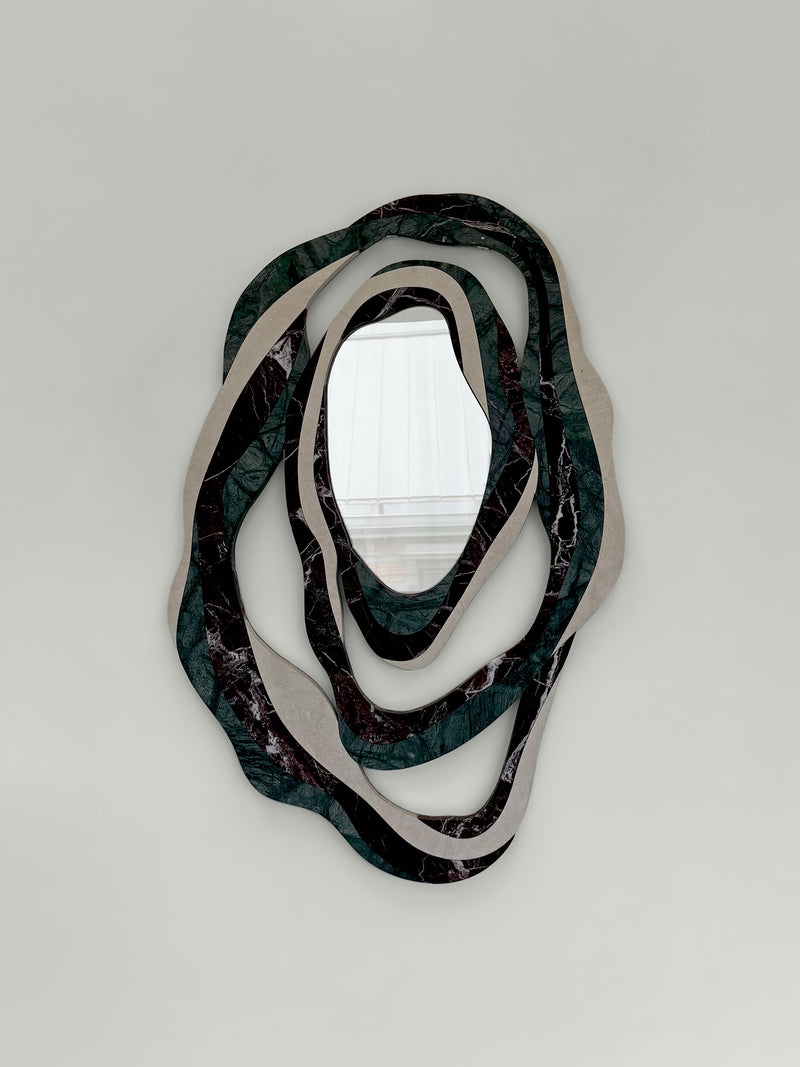 Orbis marble mirror with organic layered frame in green and black