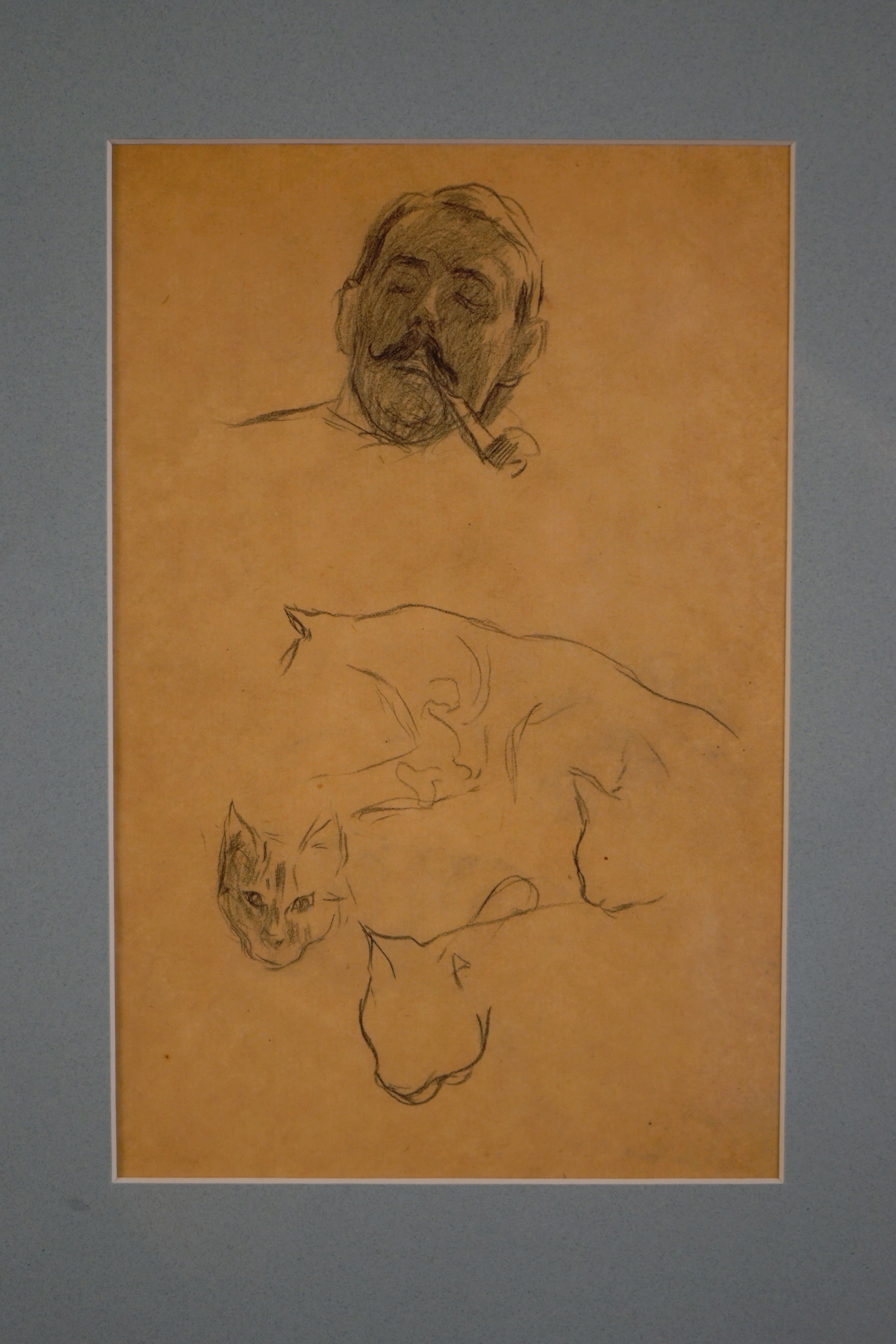 Sir Walter Westley Russell (British, 1867–1949) Two Pencil Studies: Cats and Sleeping Man early 20th century — framed drawing