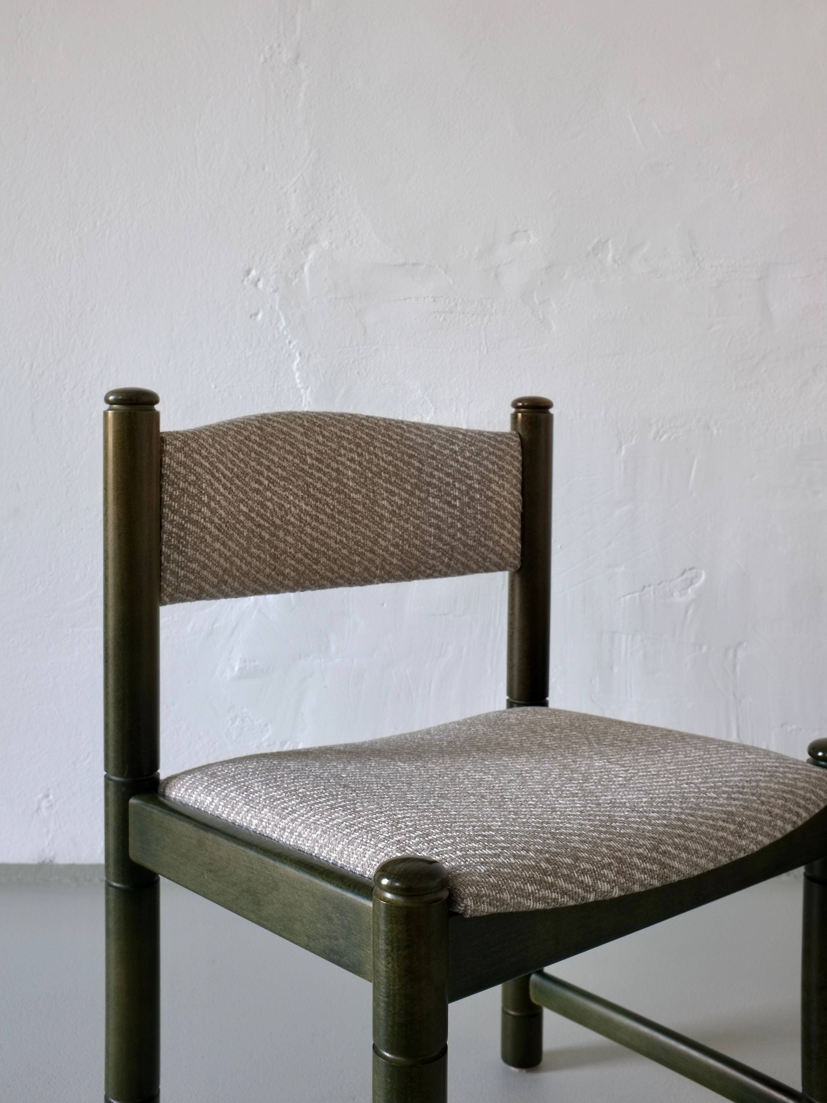 4 Green Carved Wooden Chairs, Scandinavia 1960s — top view of textured fabric seat