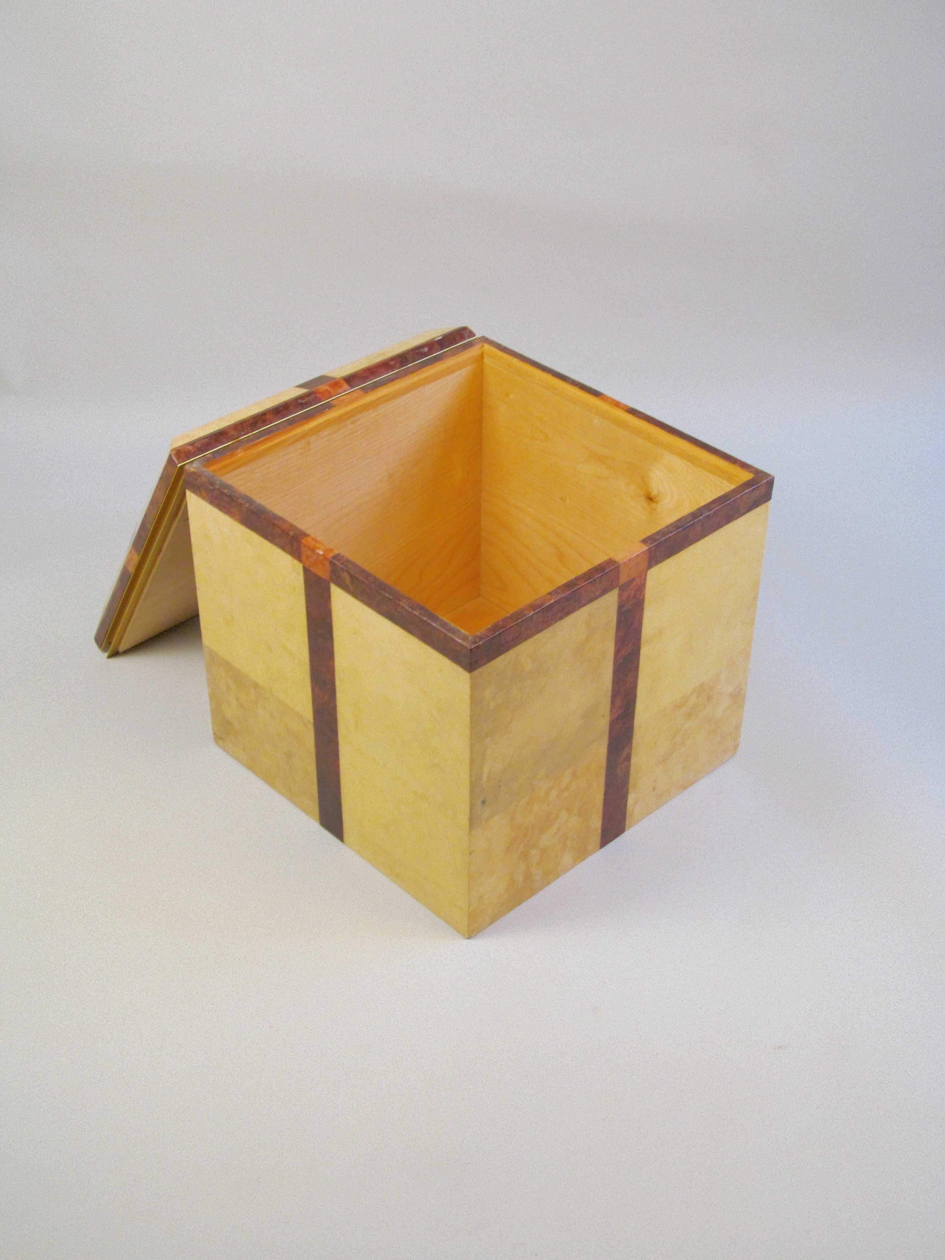 Lacquered Parchment and Walnut Cube, c.1980 — side angle showing open box interior