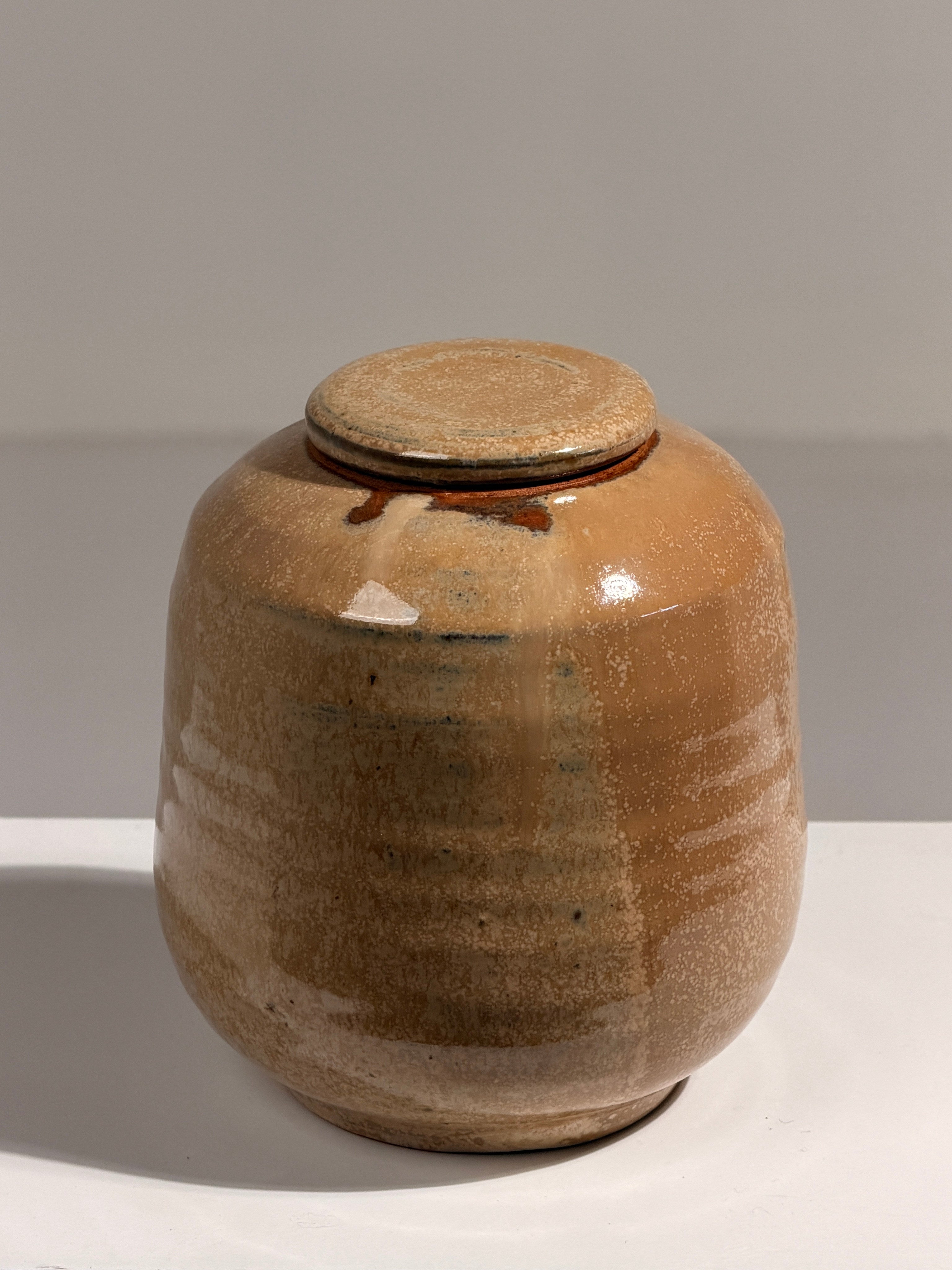 Lidded stoneware pot, French work, circa 1970 — detail view