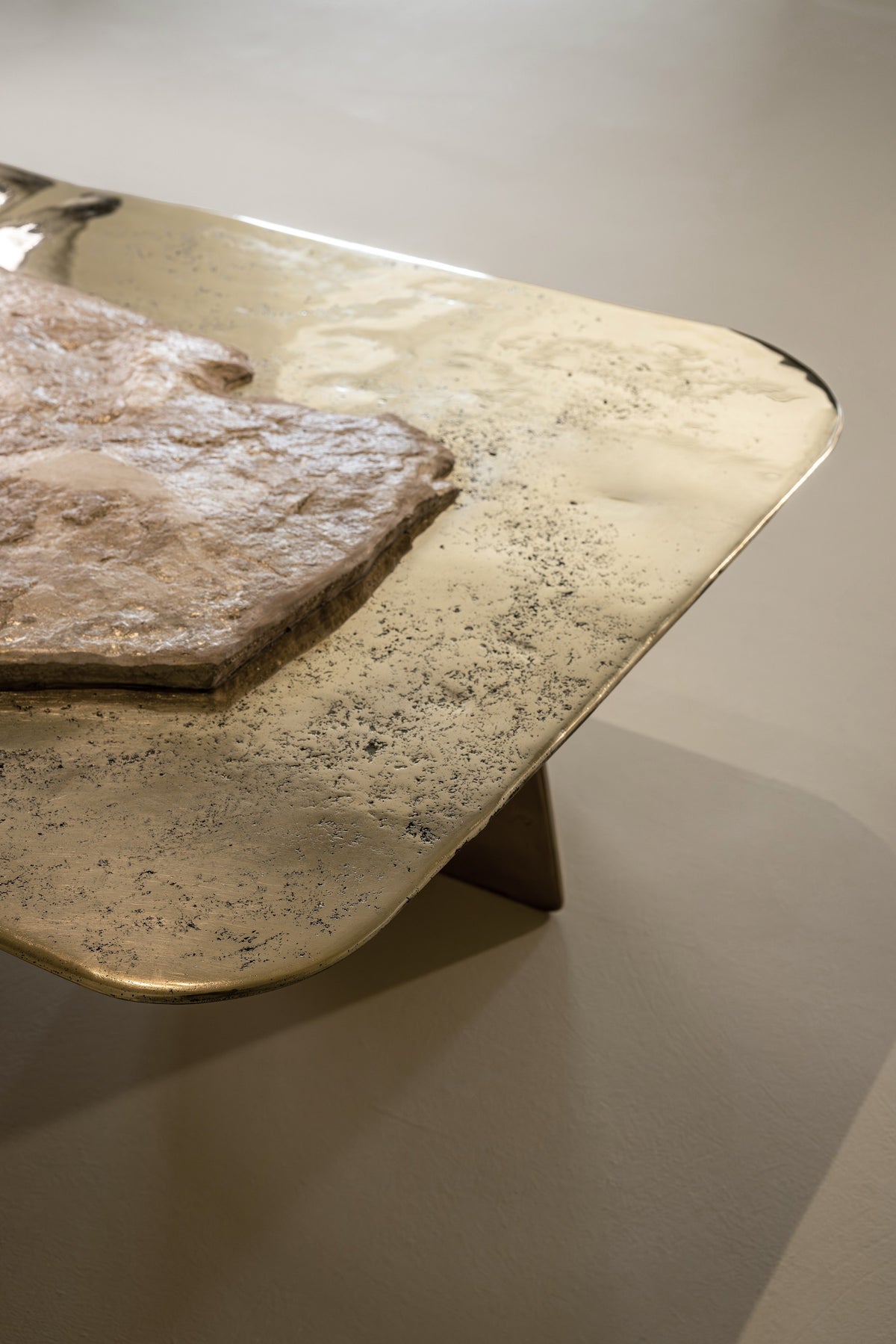 ACROPOLIS Sculptural Coffee Table - Brass and Travertine and Resin Coffee Table — close-up