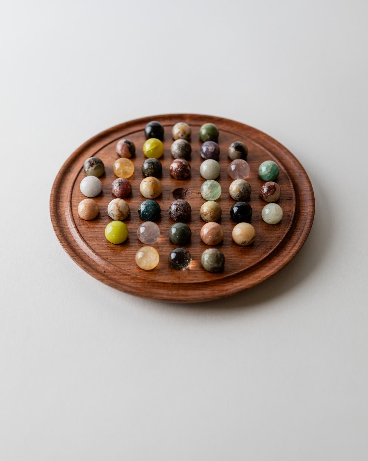 Vintage 1960s Solitaire Board Game, Wooden Game Board with Stone Marbles, Classic Strategy Game, Mid Century Table Game, Timeless Gift Idea — detail view
