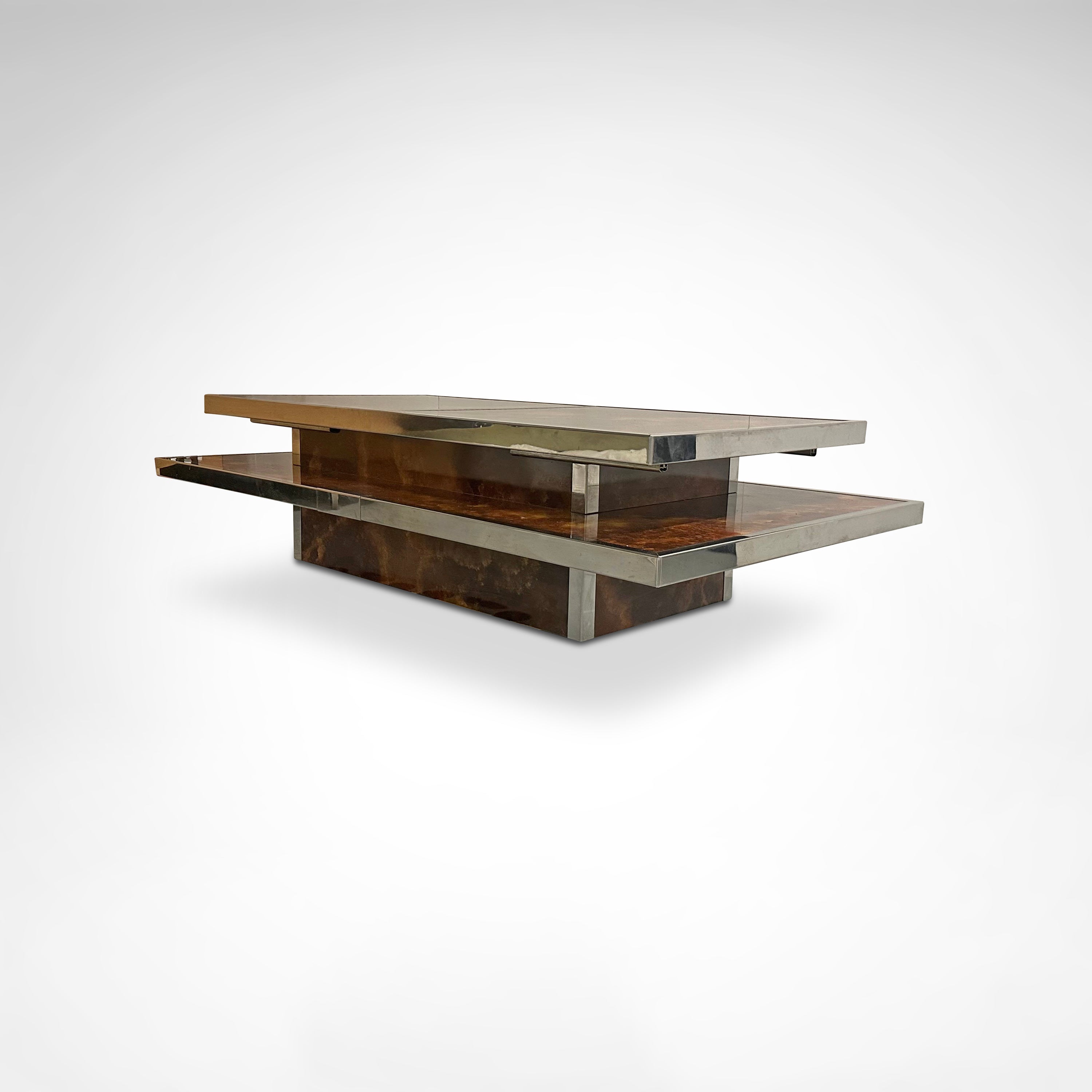 Sliding two tier burl wood and metal coffee table with integrated bar France 1980s — side angle