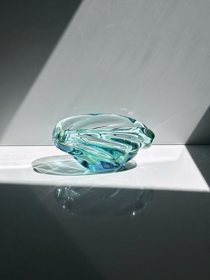 Vintage glass vide-poche bowl by Jaroslav Beranek, 1960s blue-green
