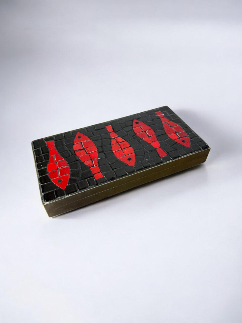 Italian 1960s Fish Mosaic Trinket Box in Ceramic and Brass by Malamar Studio | The Oblist — ceramic, red and black