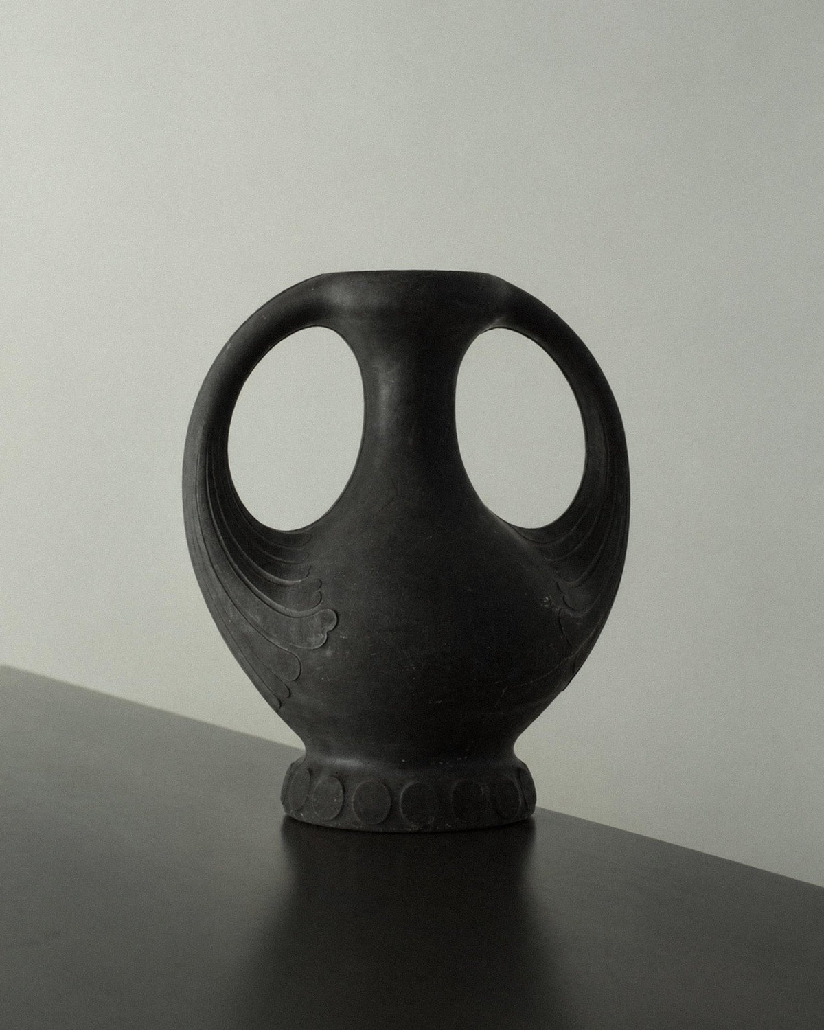 Antique 1920s Lavanite Stone Vase, Sculptural Black Matte Design with Two Handles, Fine Textured Surface, Art Deco Flowervase, Gift Idea — in context