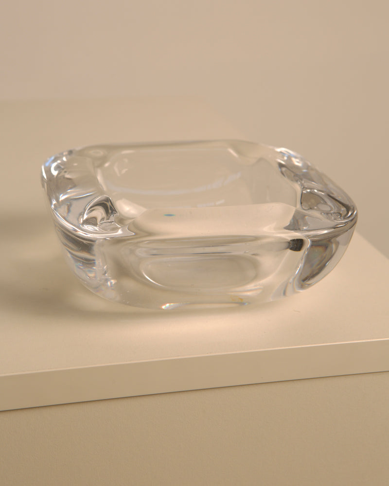 Clear Murano glass square ashtray showing elegant curved corners