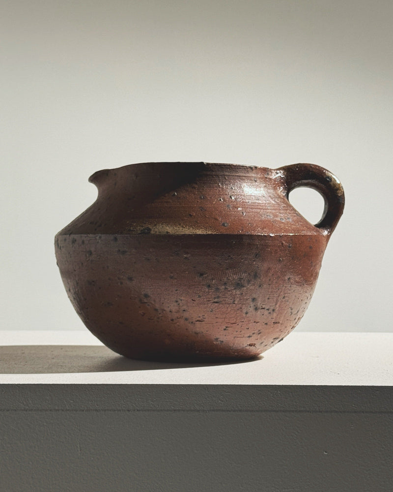 Rare sculptural stoneware pitcher by Pierre Digan, brown ceramic