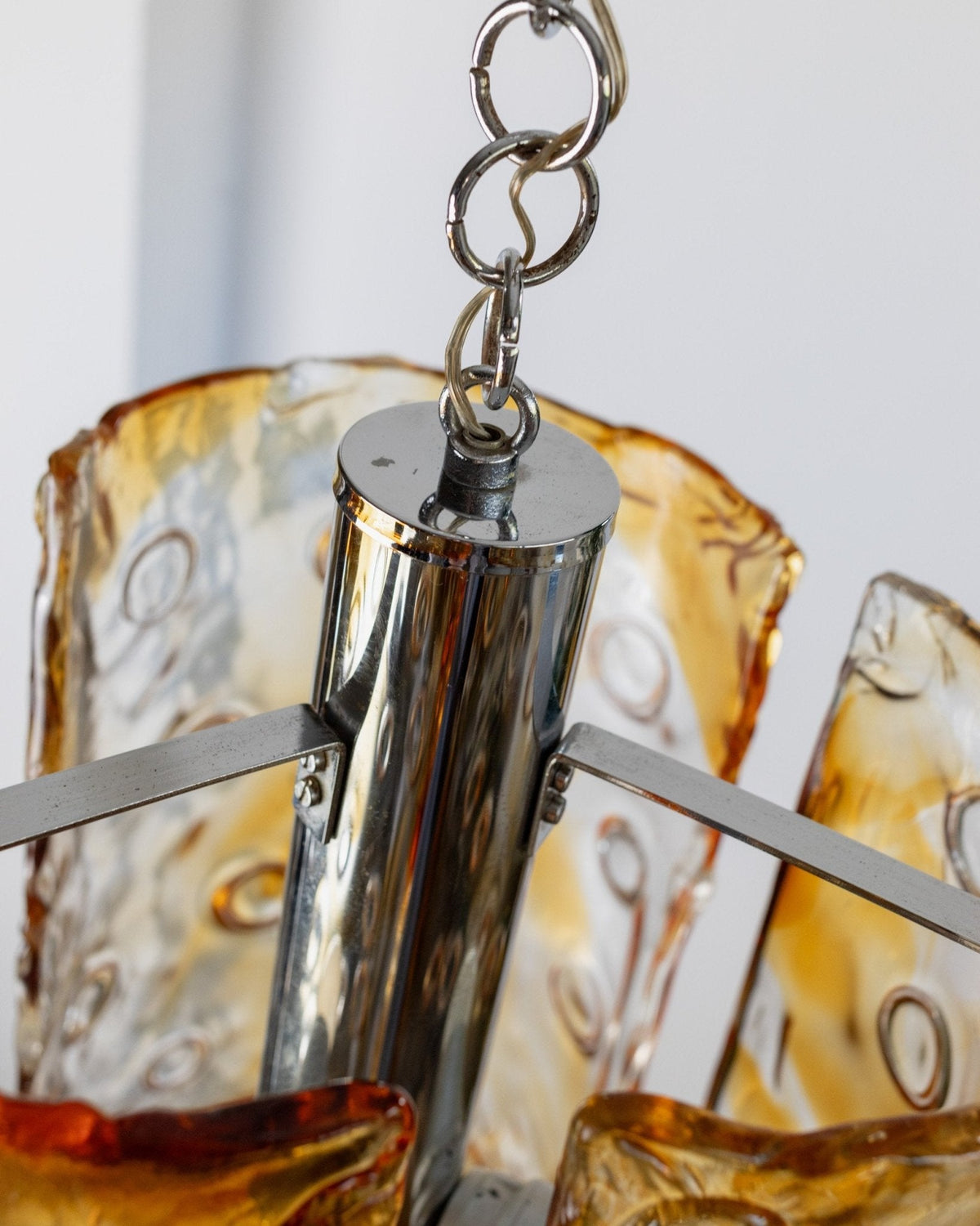 Large vintage Murano glass ceiling lamp by Toni Zuccheri for Mazzega - Italy 1970s - clear and orange glass, chrome - MCM chandelier — additional view