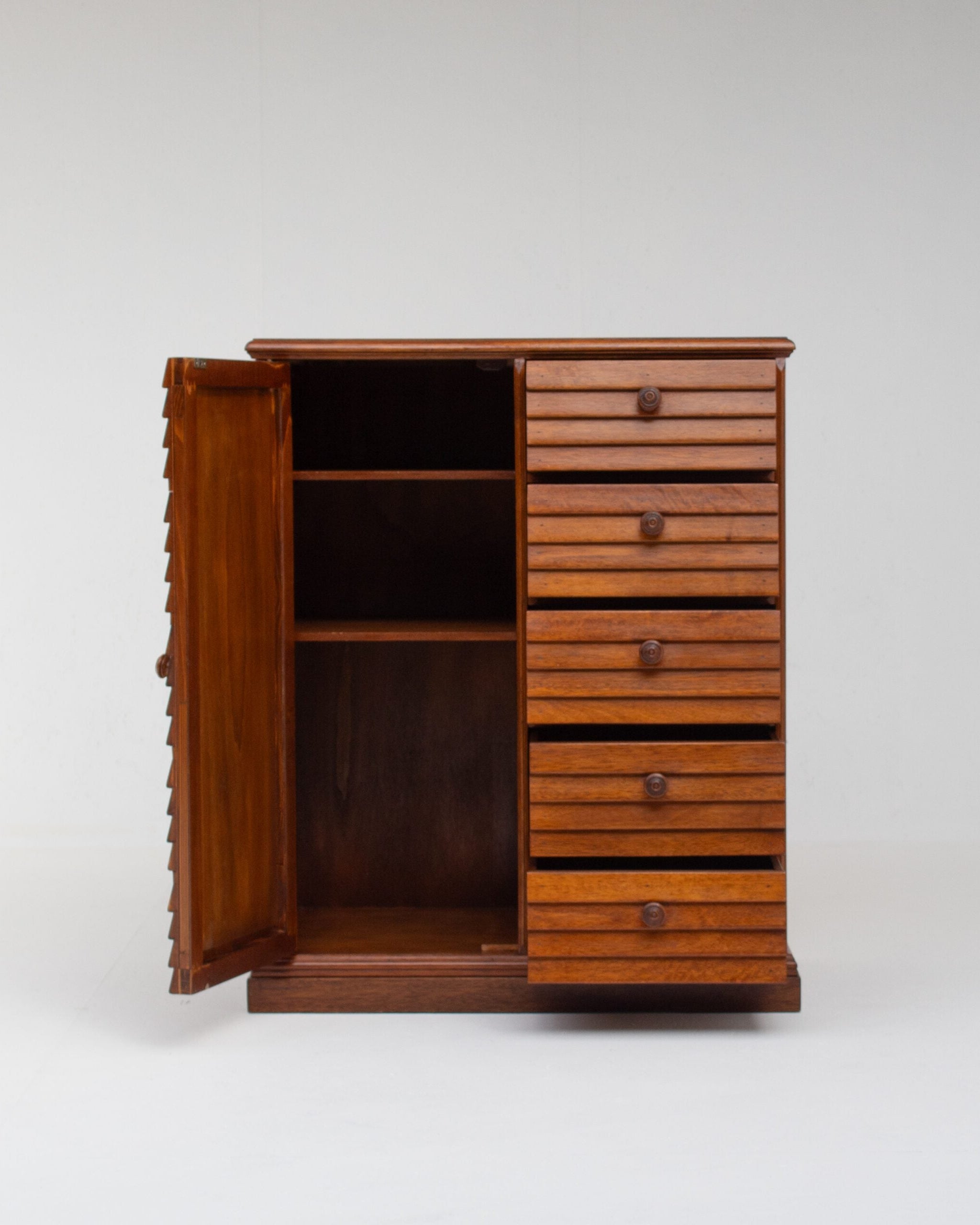 Mid Century Slatted Cabinet with Drawers and Storage — detail view