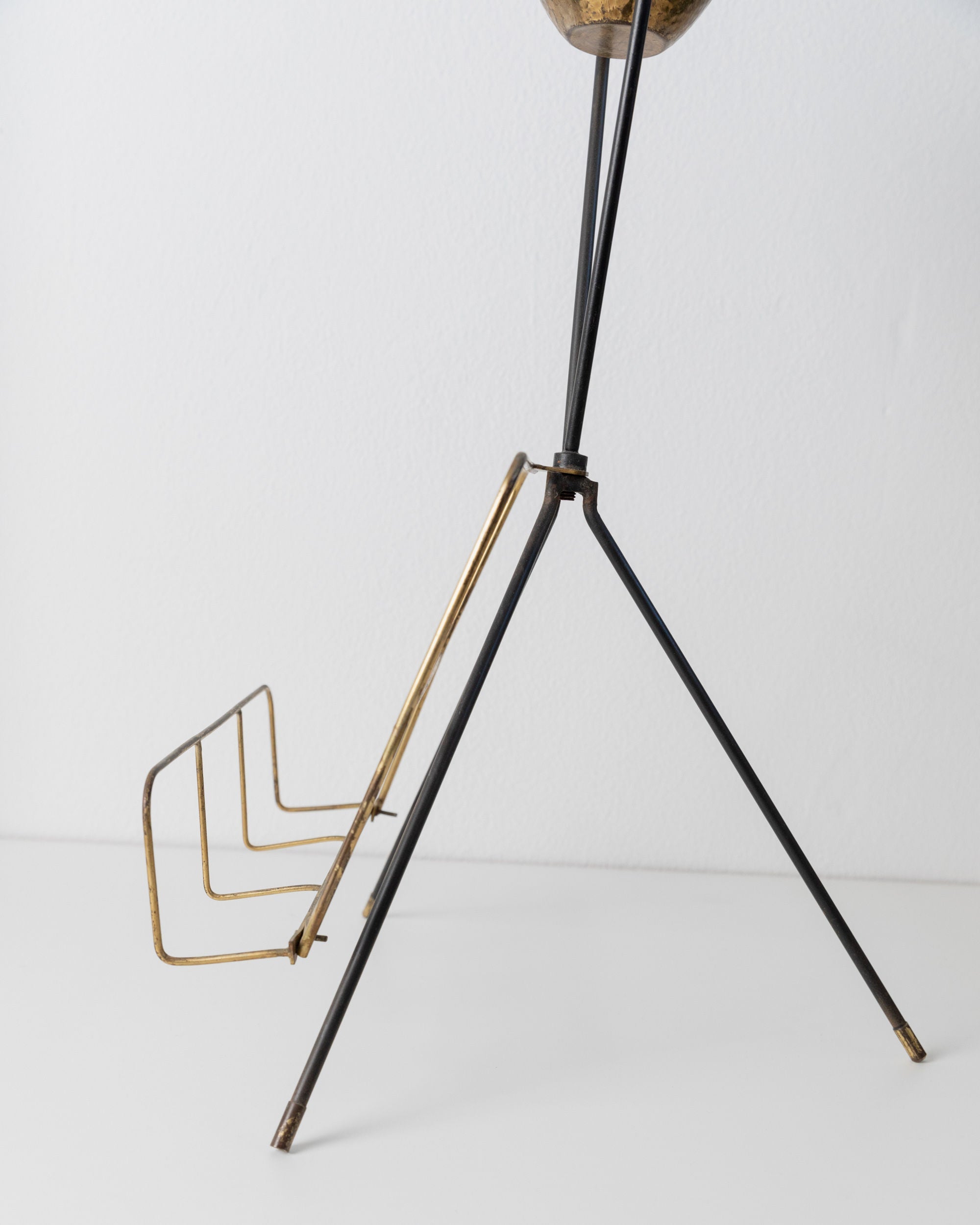 Brass Magazine Rack and Ashtray 1960s — back view highlighting tripod legs and brass frame