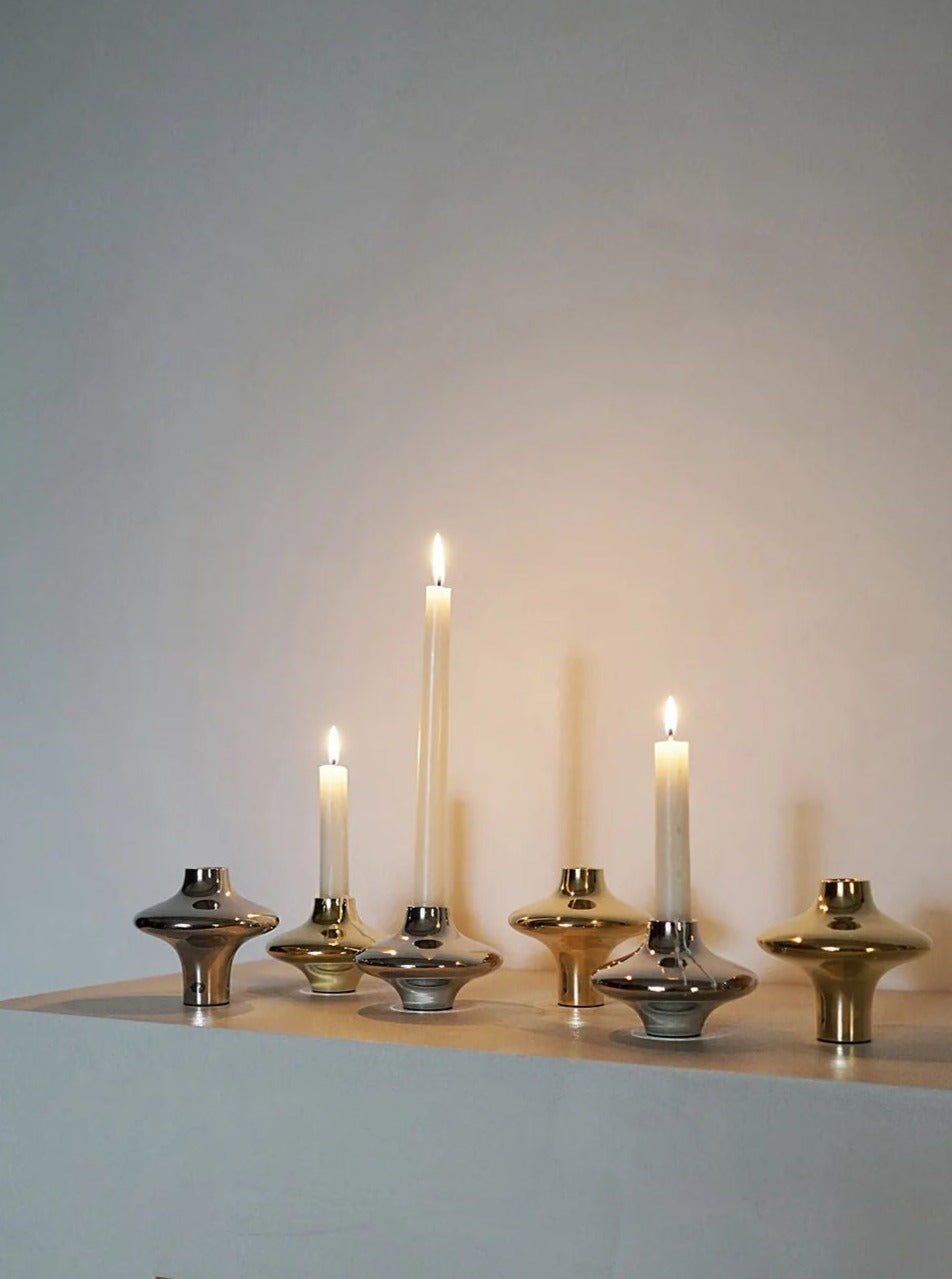 Doublet Candleholder - Small - Silver — side angle on minimalist shelf
