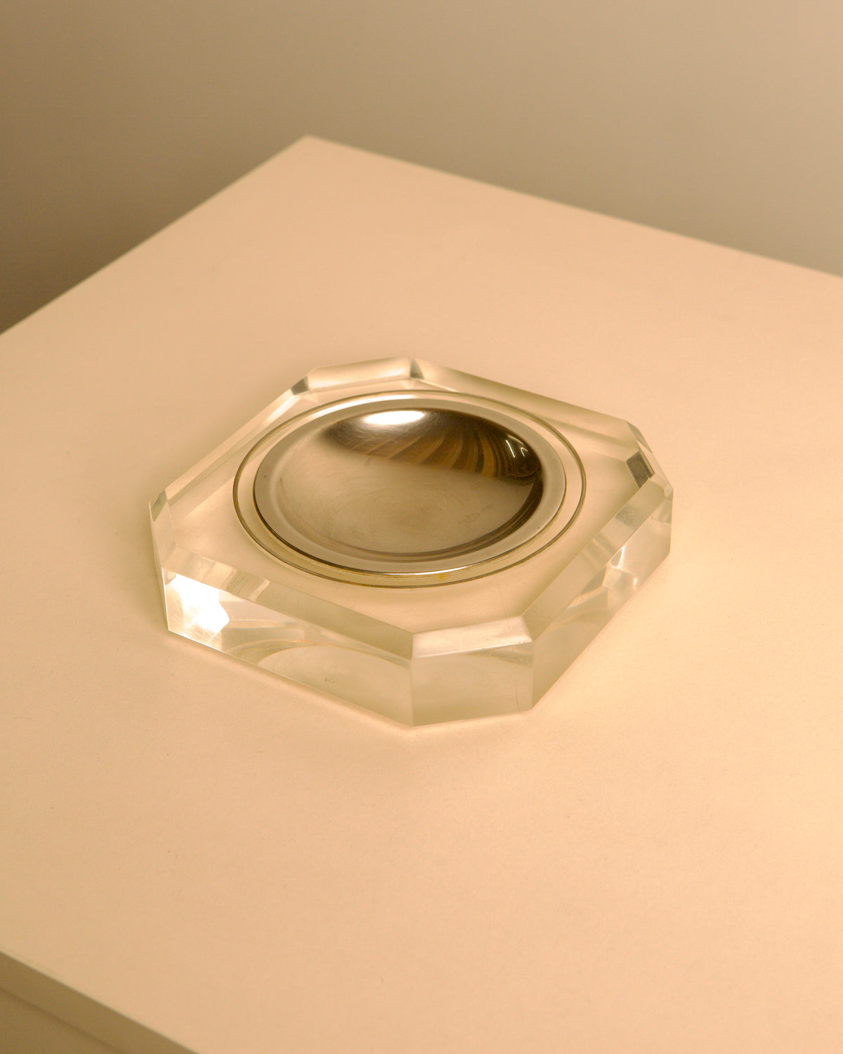 Italian octagonal metal and Lucite catch-all, 1970s — side angle