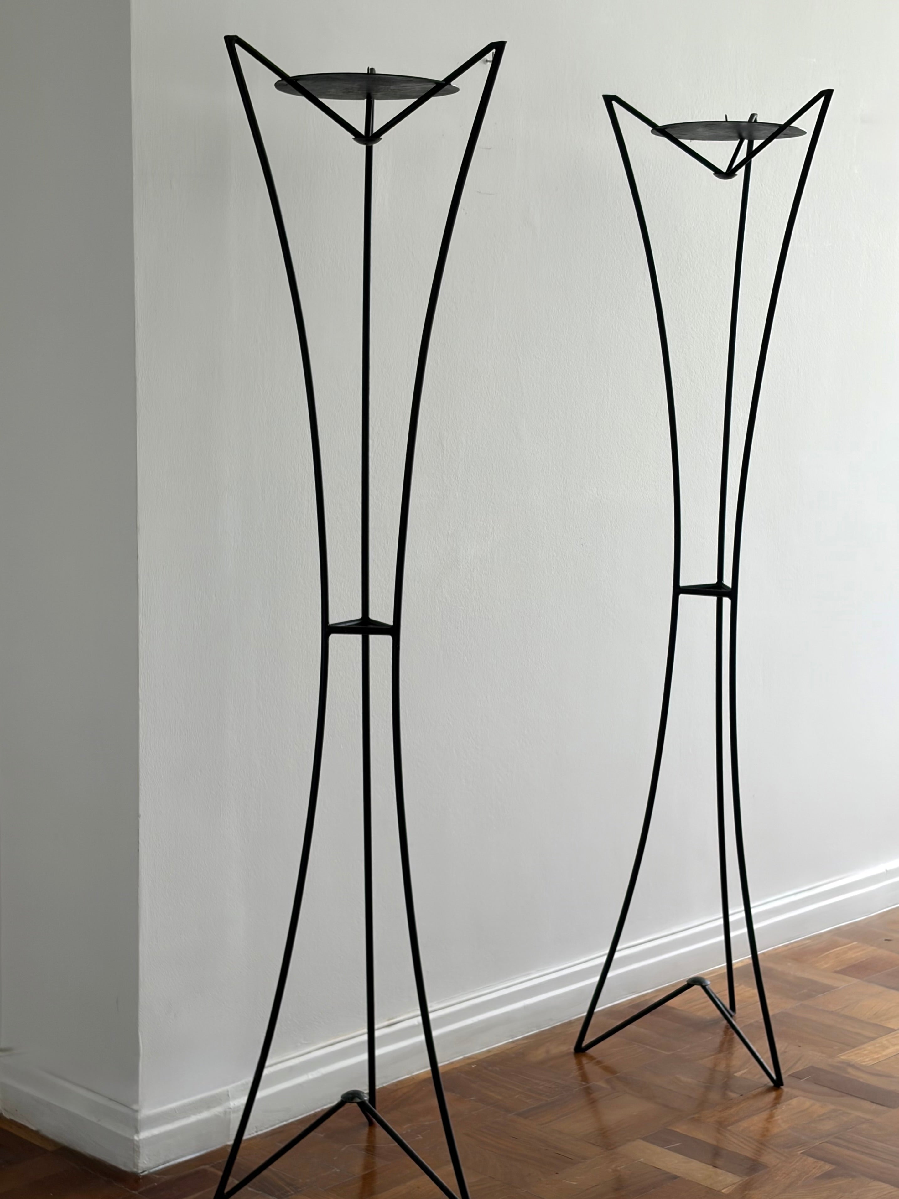 Pair of Monumental Forged Iron Floor Candleholders, Portugal, 1970s — side angle