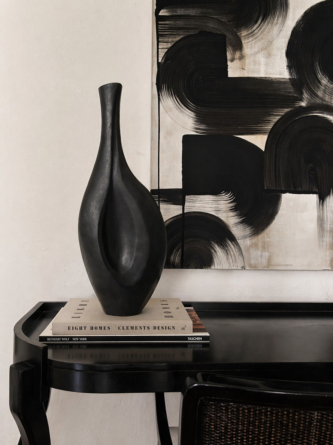 Waizu - Mid Century Modern Vessel in Black Stoneware — close-up