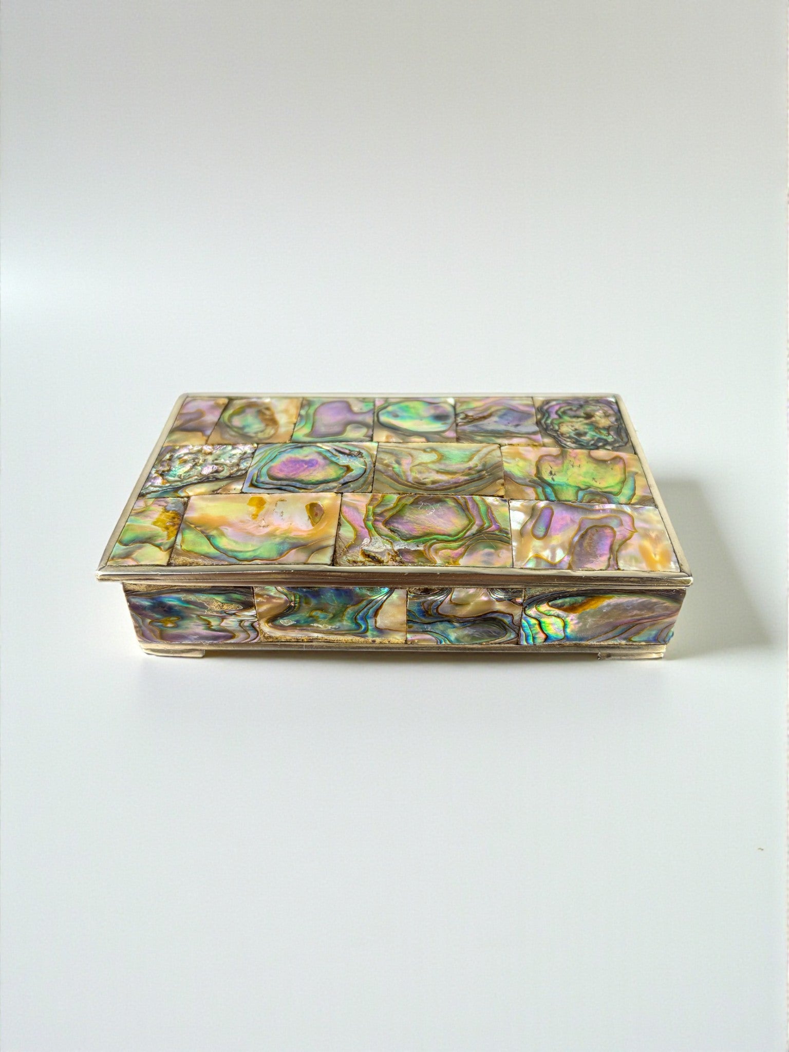 Abalone shell vanity box, Alpaca and wood, Mexico, Circa 1960's — lifestyle setting