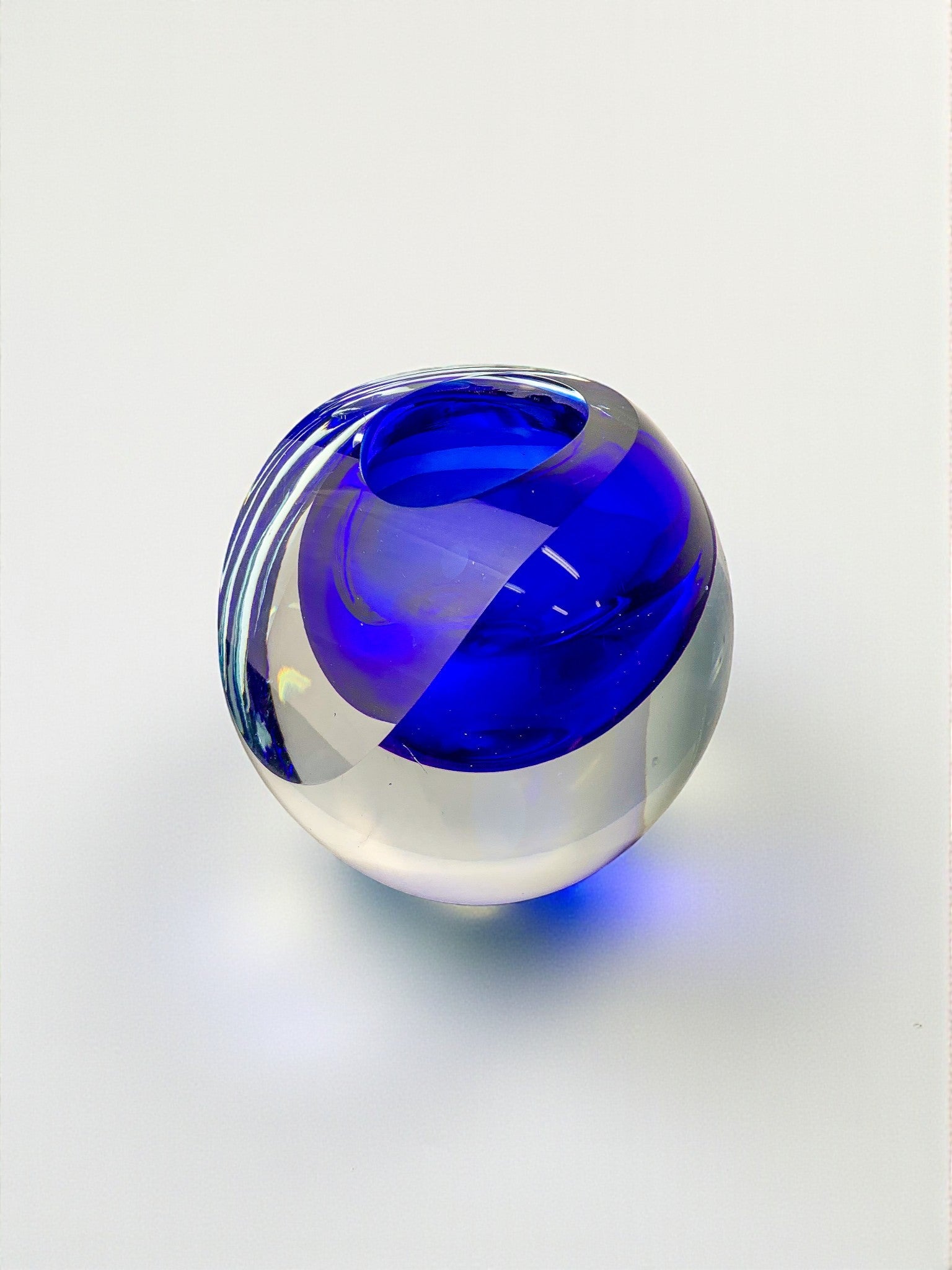 Italian Blue Sommerso Candleholder by Seguso, Murano, 1970's — side angle showing blue and clear glass design