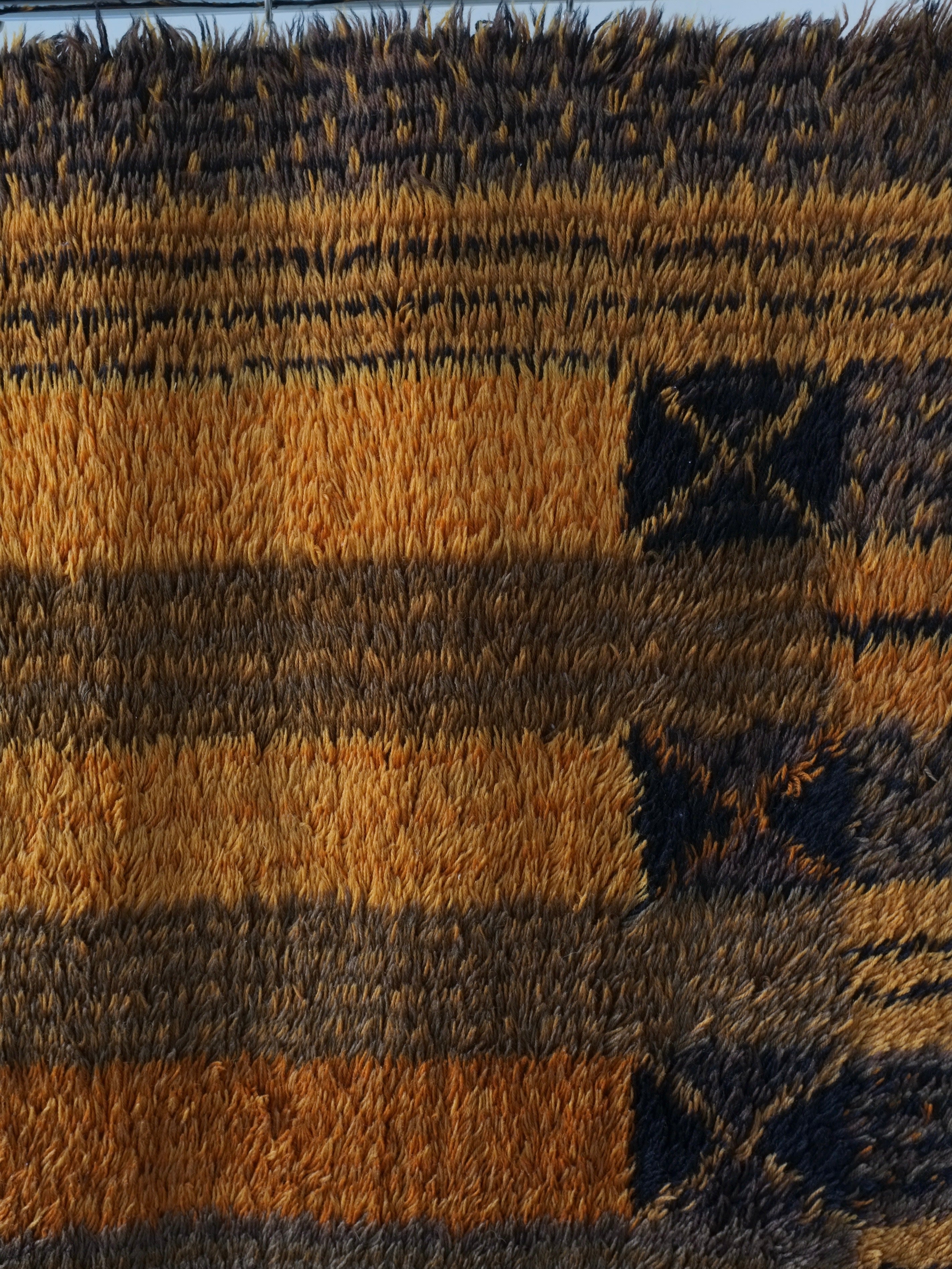 Large Scandinavian Brown Wool Rya Rug | Sweden | 1960s — close-up of textured wool pattern