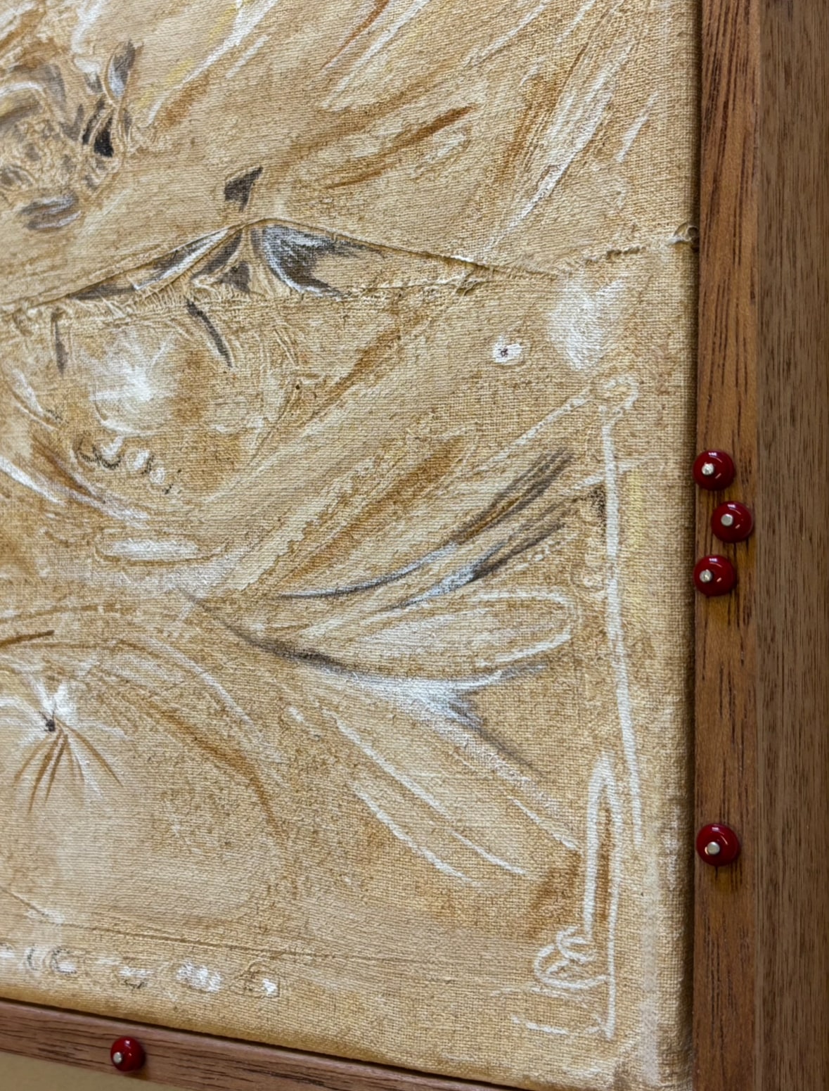 'August' Painting in Wood with Glass beads — detail view