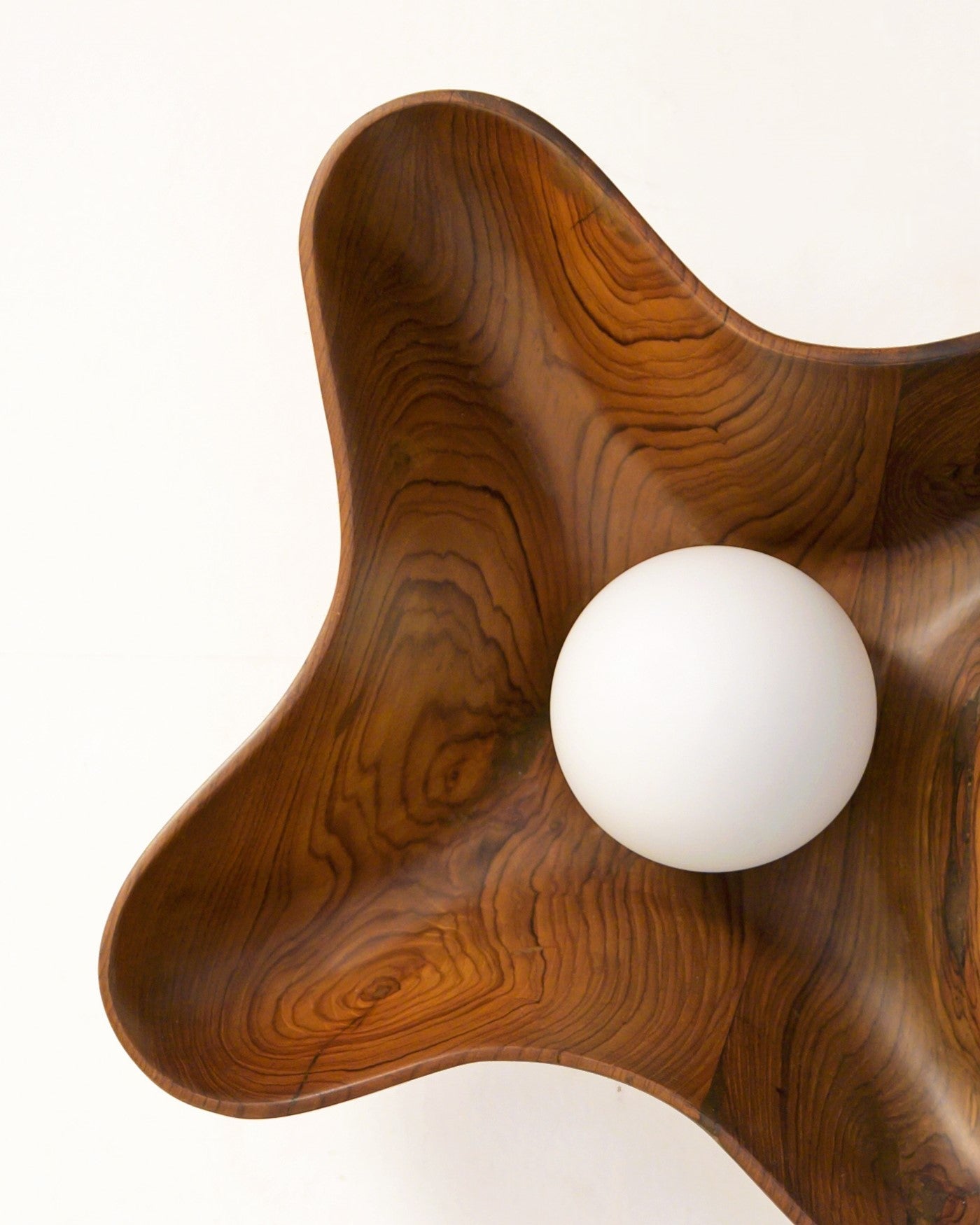 Compass Globe Wall Light — top view of wooden base with white globe