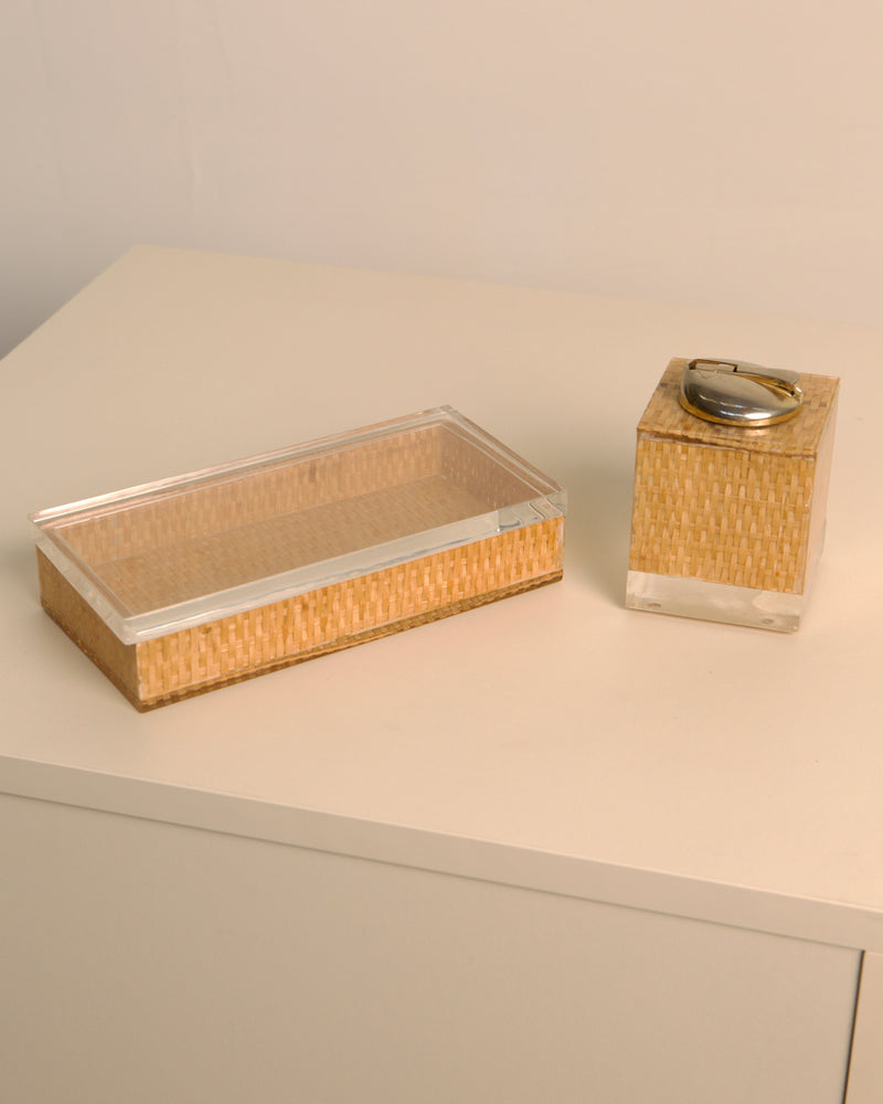 Vintage Italian wicker lighter and box set on white surface