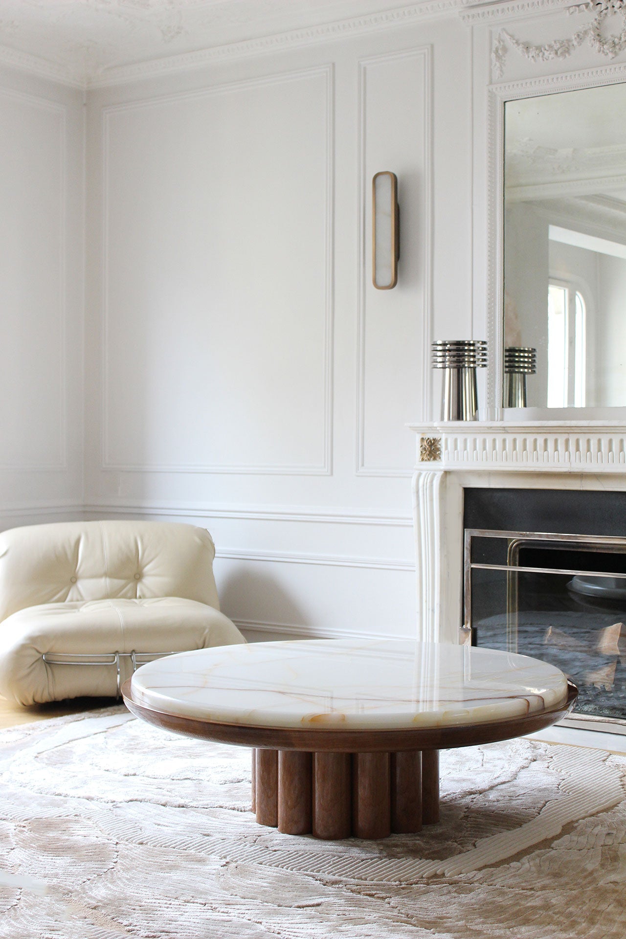 Edoni Wood and Shell Onyx Coffee Table — side angle in modern living room