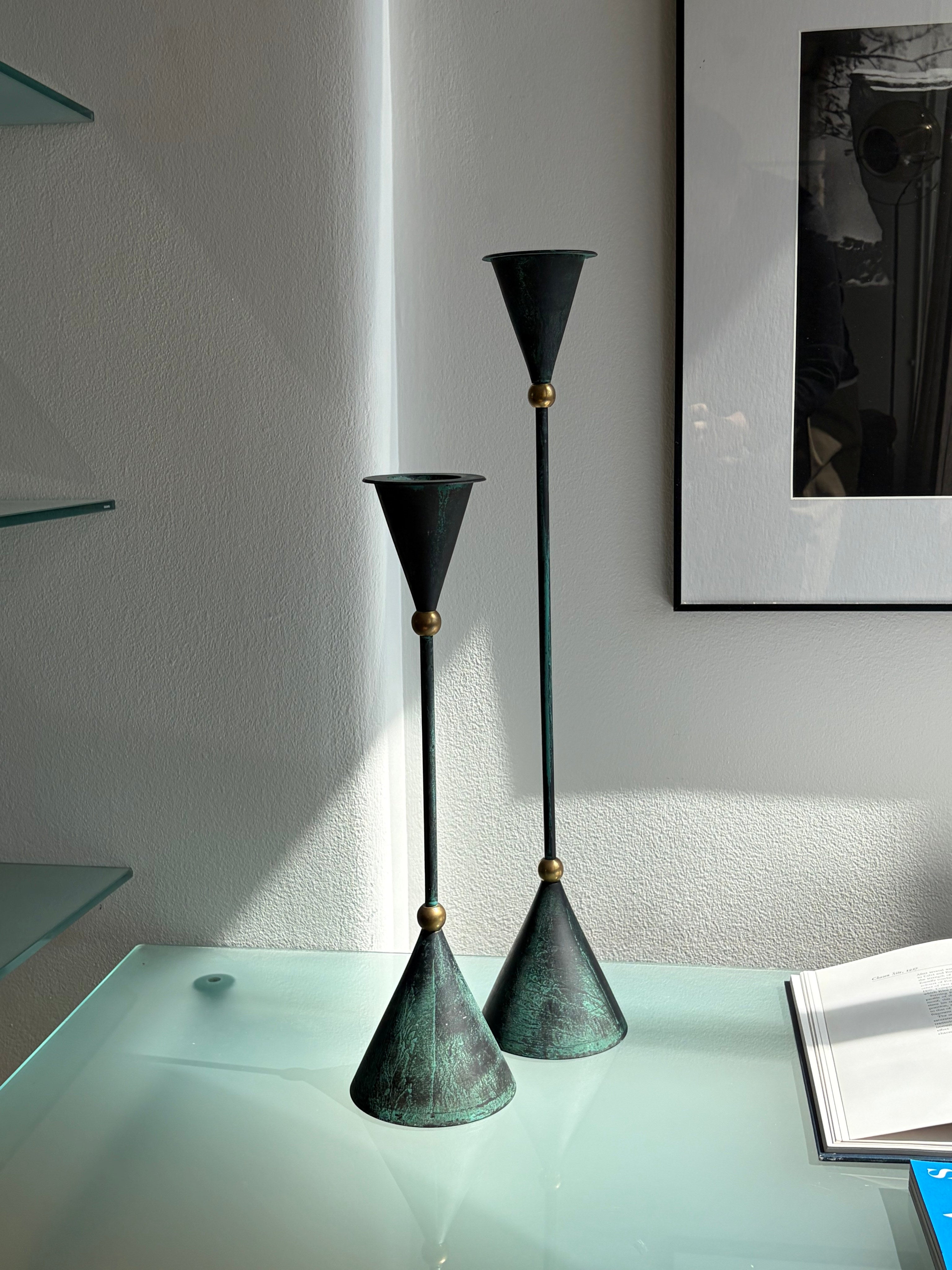 Oversized Memphis style sculptural metal and brass candleholders, 1980s — close-up