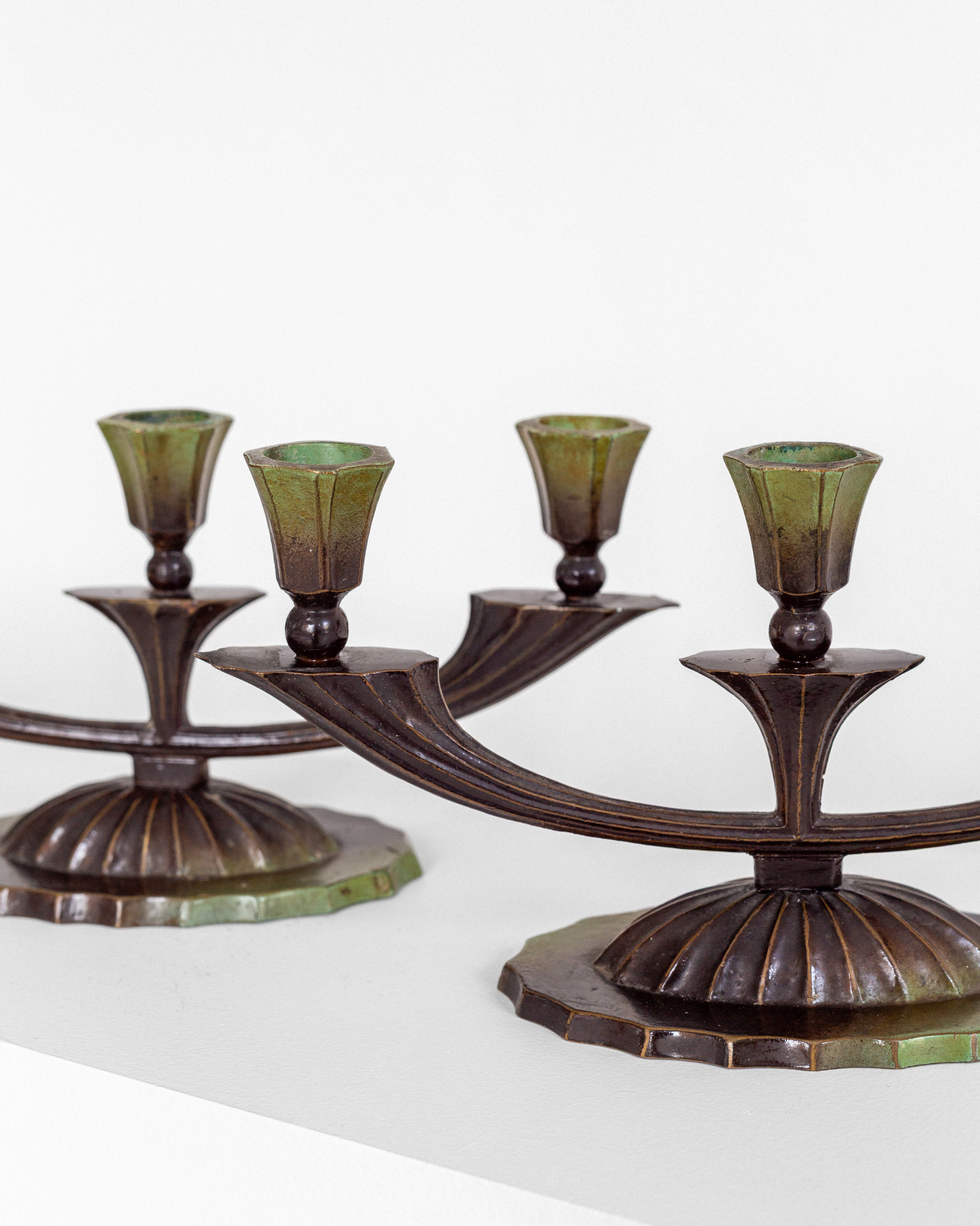 Pair of Art Deco Bronze Candlesticks, 1930s Sweden