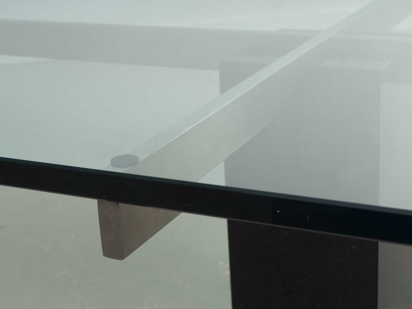 KW1 glass, metal and granite coffee table by Hank Kwint for Metaform 1980s — back view highlighting metal support beam