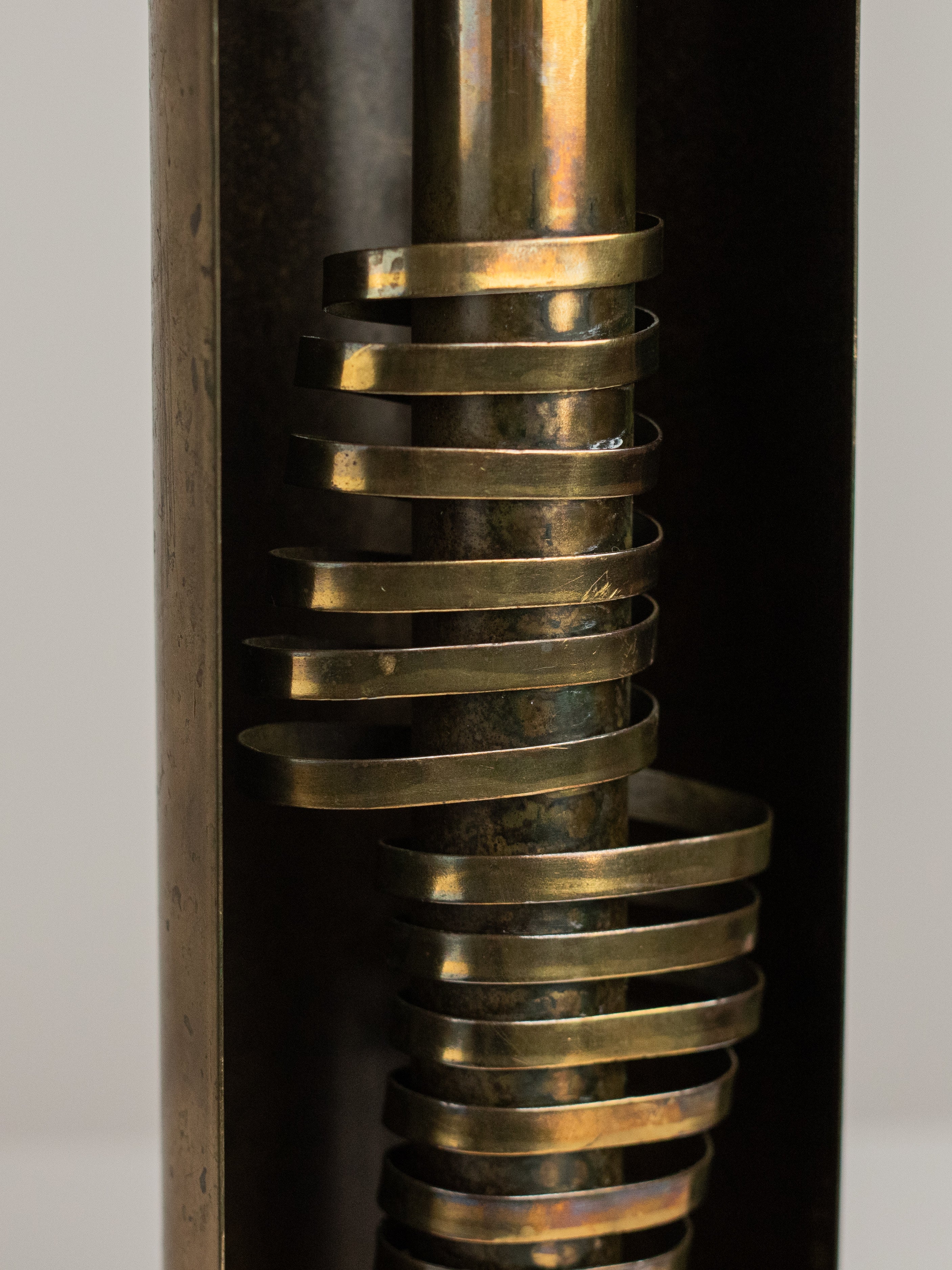 Brutalist Metal Candle Holder- Czesław Palczewski, 1970s Mid Century Modern — close-up of spiral metal detail